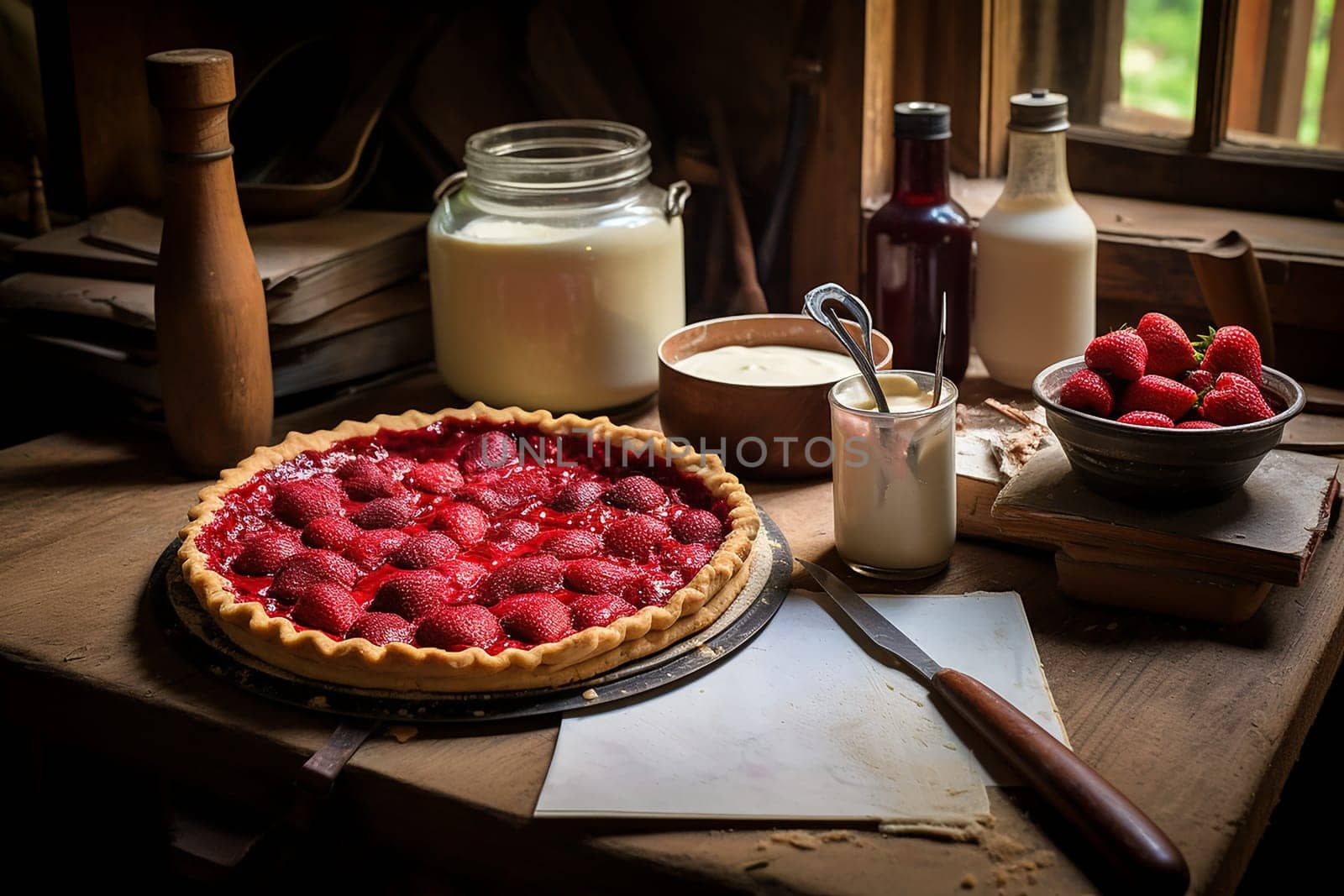 selective focus. Strawberry pie garnished with fresh strawberries. Homemade strawberries cake with strawberries. Decorated with berries. birthday cake. rural, rustic table