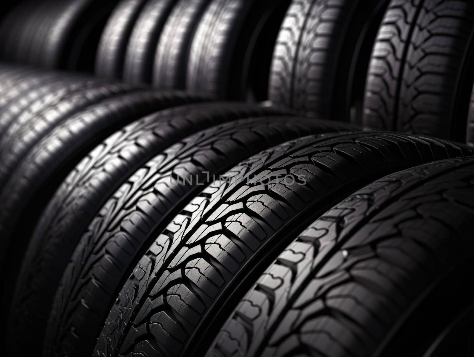 Detail to new tires in a car service, changing summer and winter tires, transportation concept