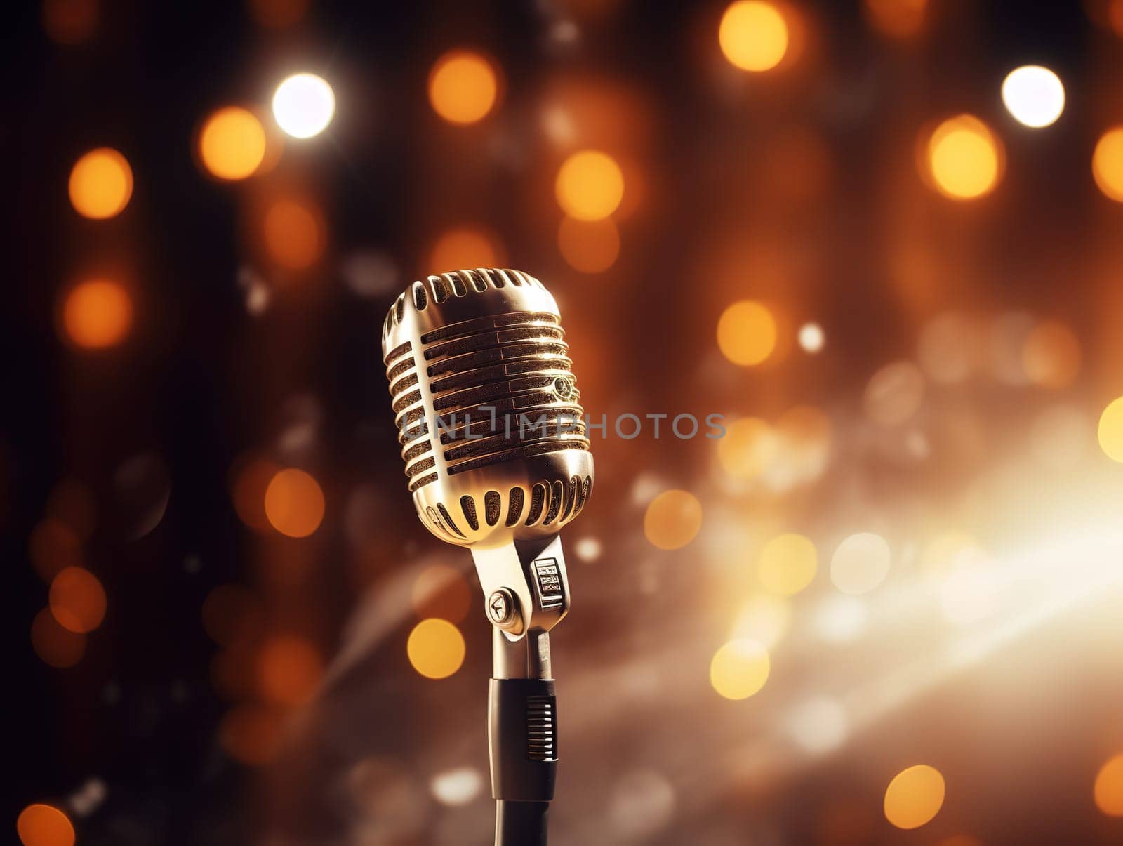 Detail to a microphone on the stage with glowing blurred background