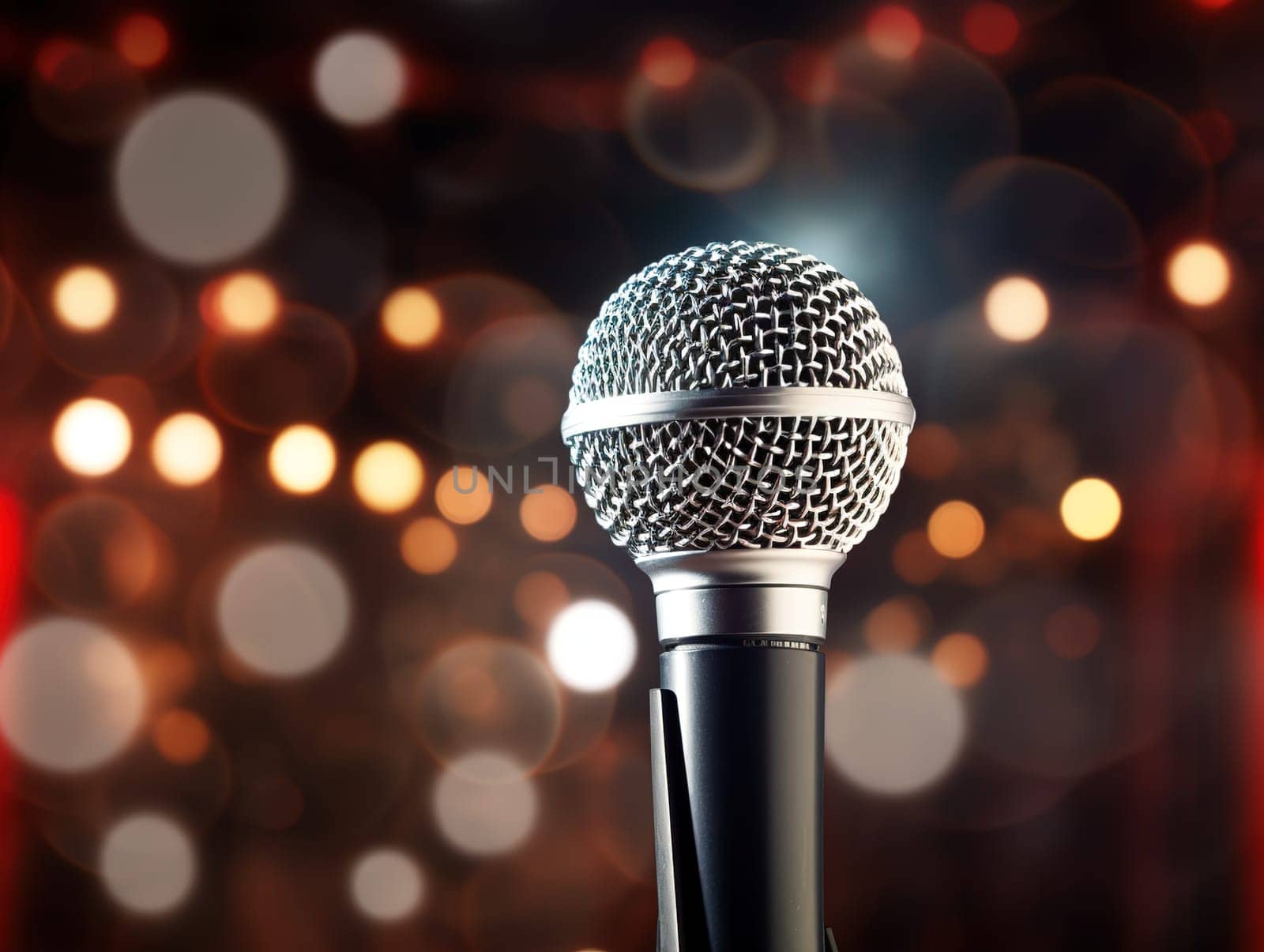 Detail to a microphone on the stage with glowing blurred background