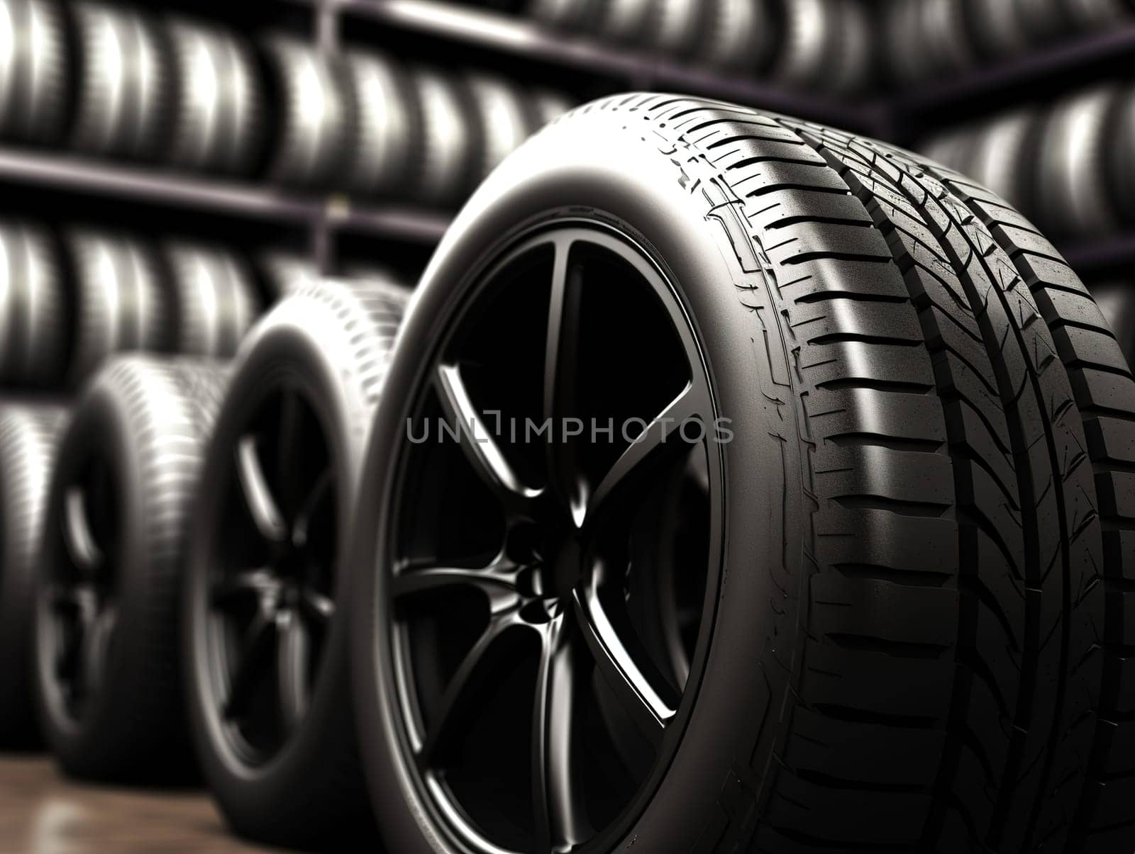 Detail to new tires in a car service, changing summer and winter tires, transportation concept