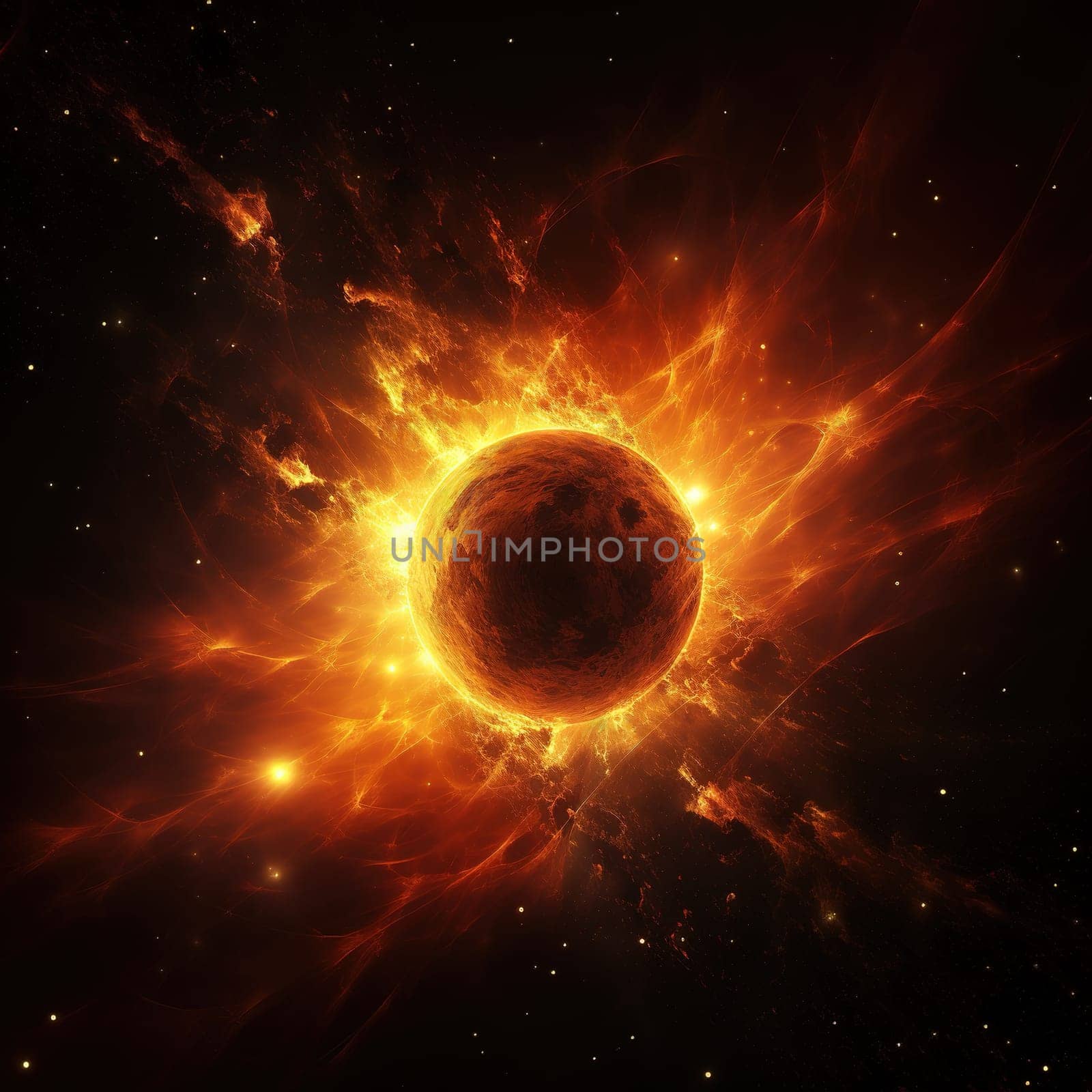 Burning sun in the space or galaxy, concept on the theme of ecology, environment