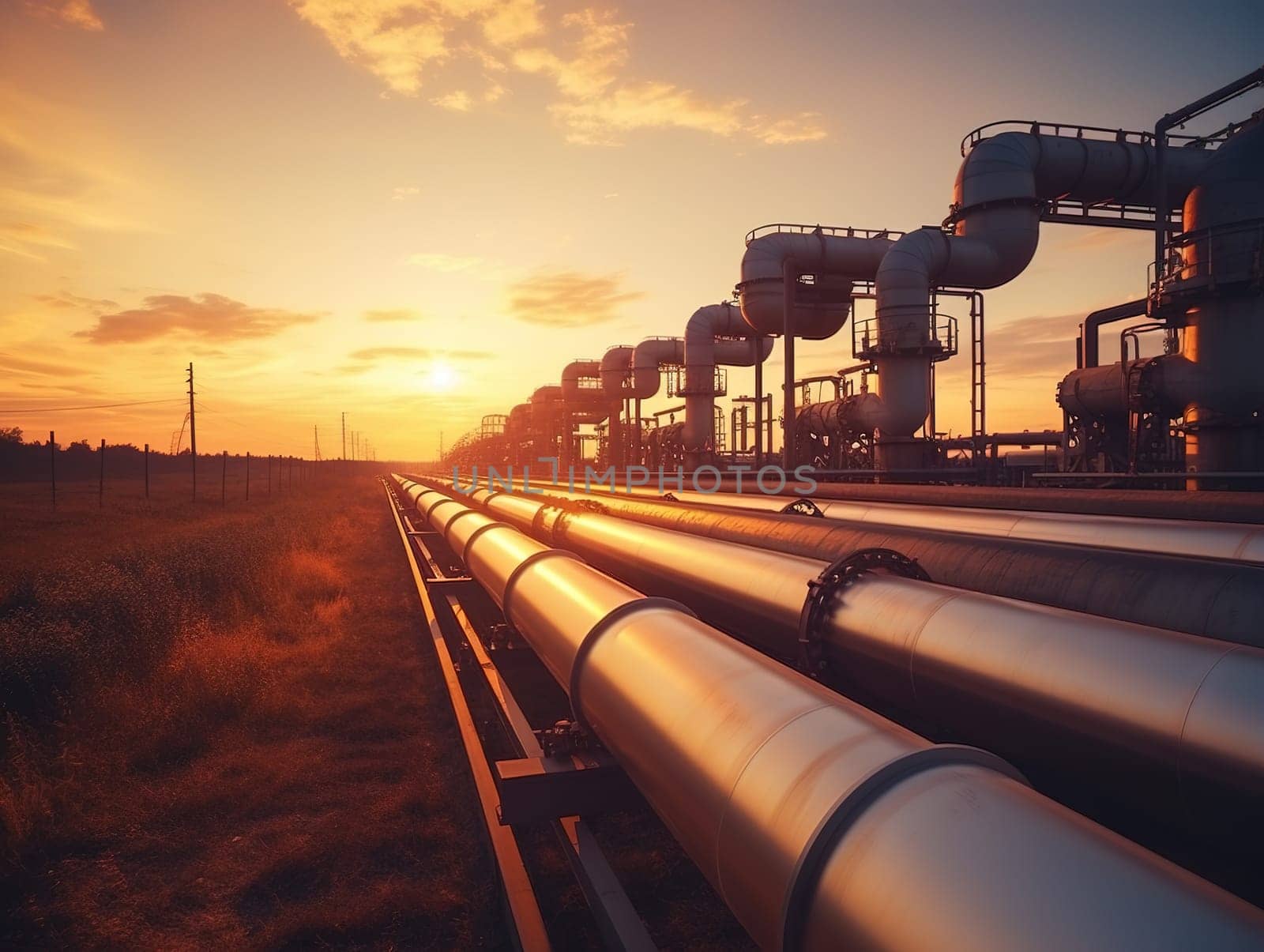 Huge oil a pipeline during lovely summer sunset, heavy industrial concept