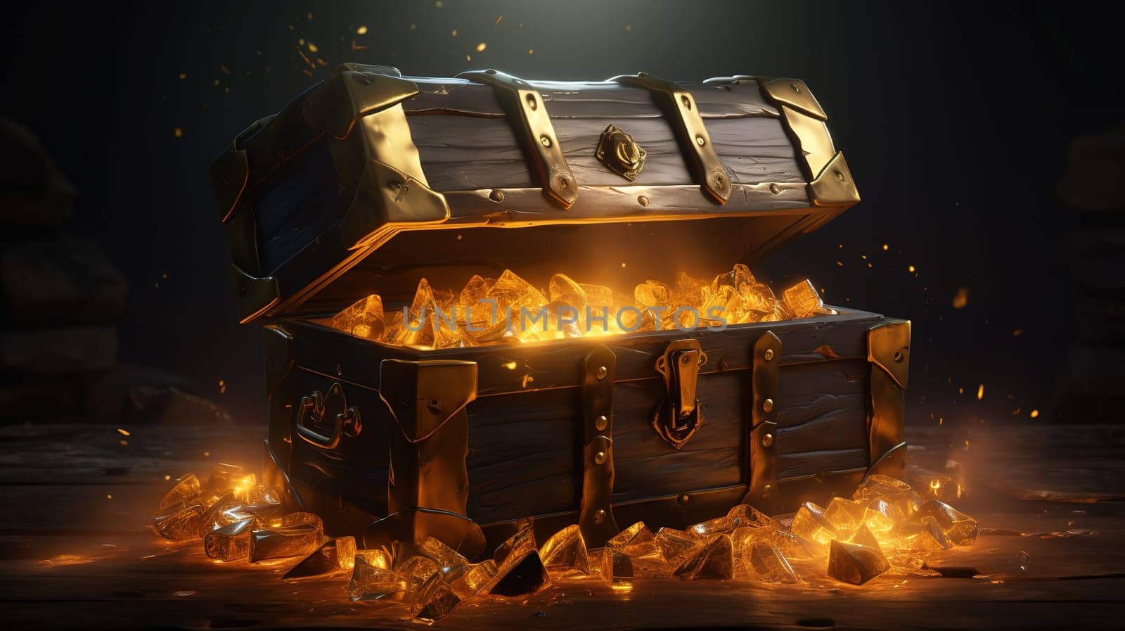 Wooden, shining a treasure chest with piece of gold
