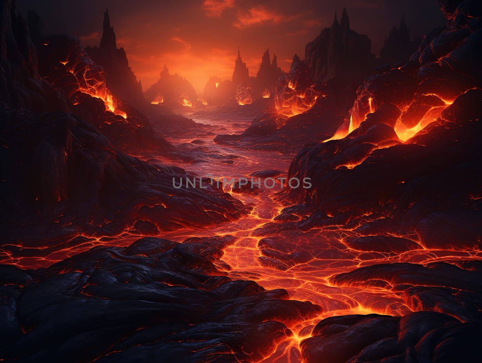 Flowing down a hill fresh, hot lava after volcano explosion, natural disaster concept by Kadula