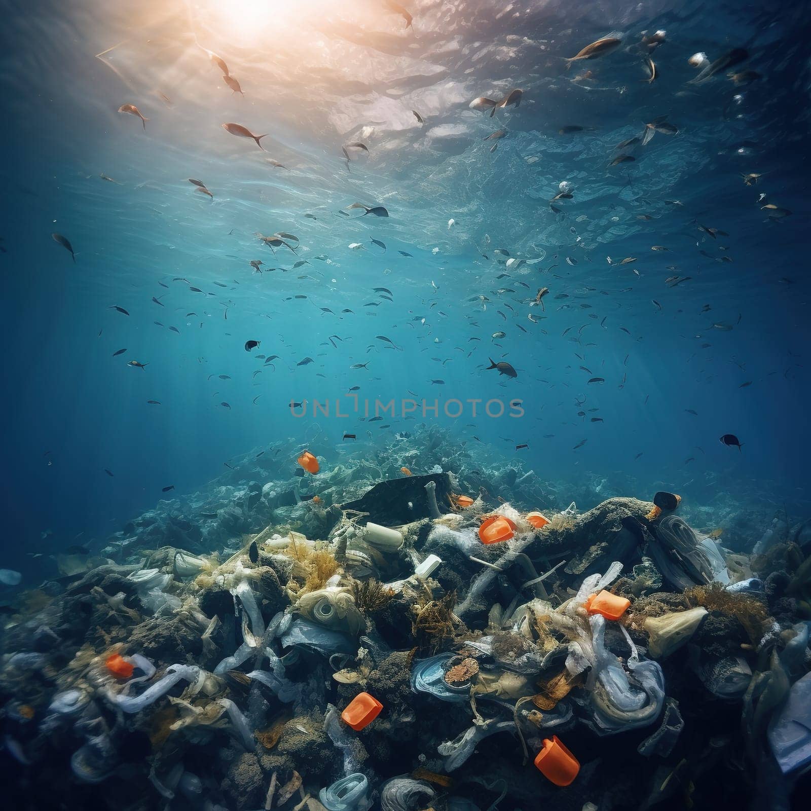 View to underwater polluted ocean with plastic pieces, pollution concept by Kadula