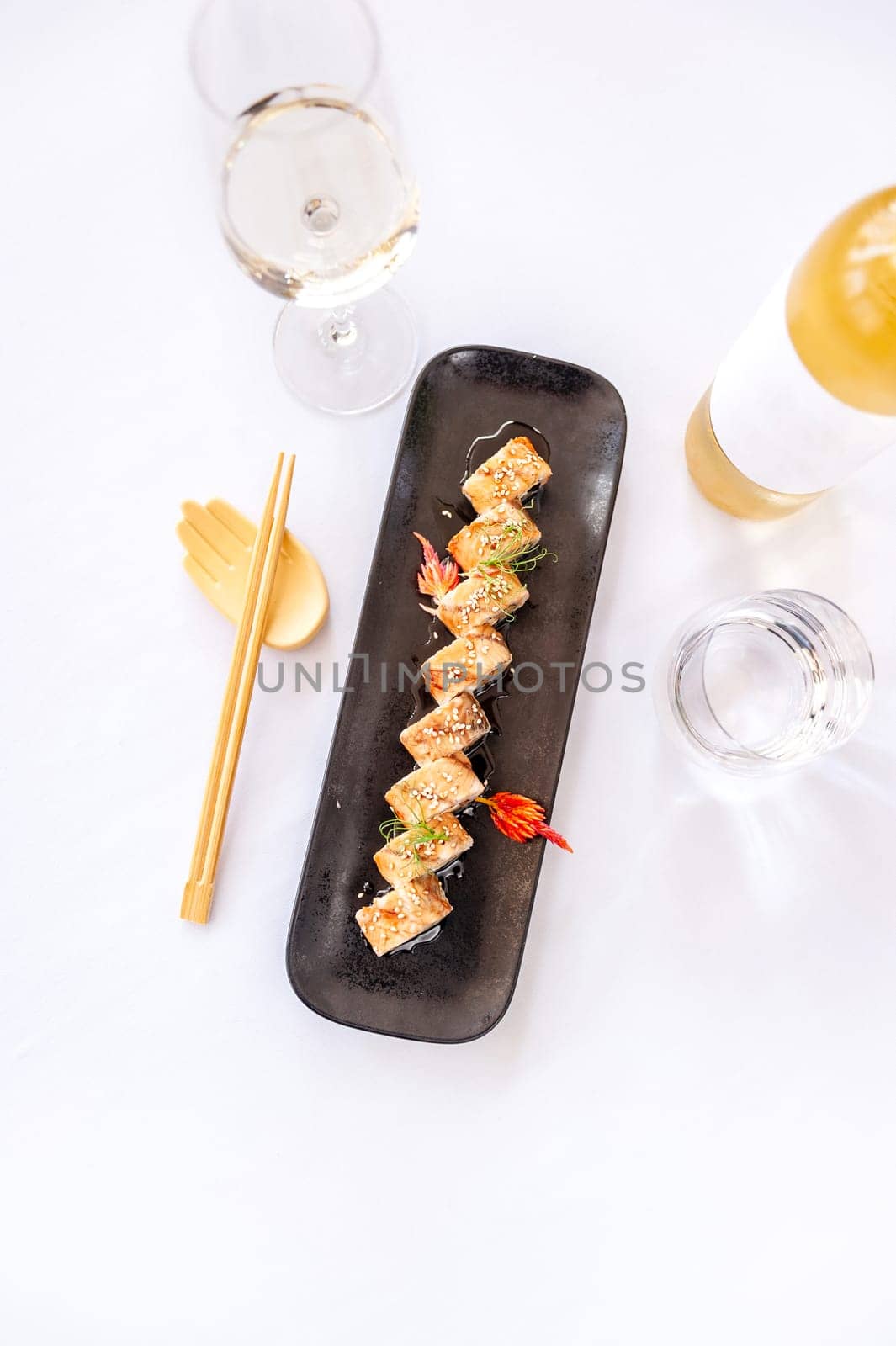 American Canada sushi rolls with unagi and salmon. High quality photo