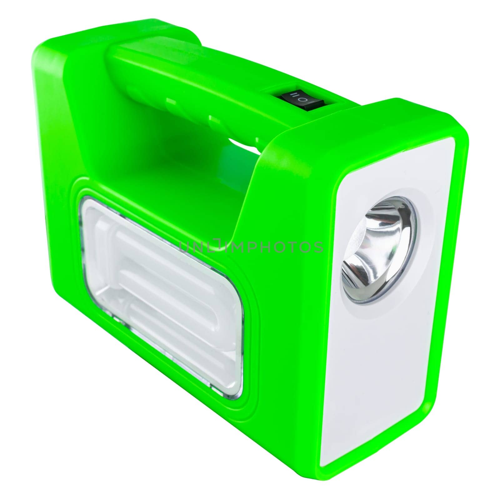 portable battery-powered flashlight on white background in insulation