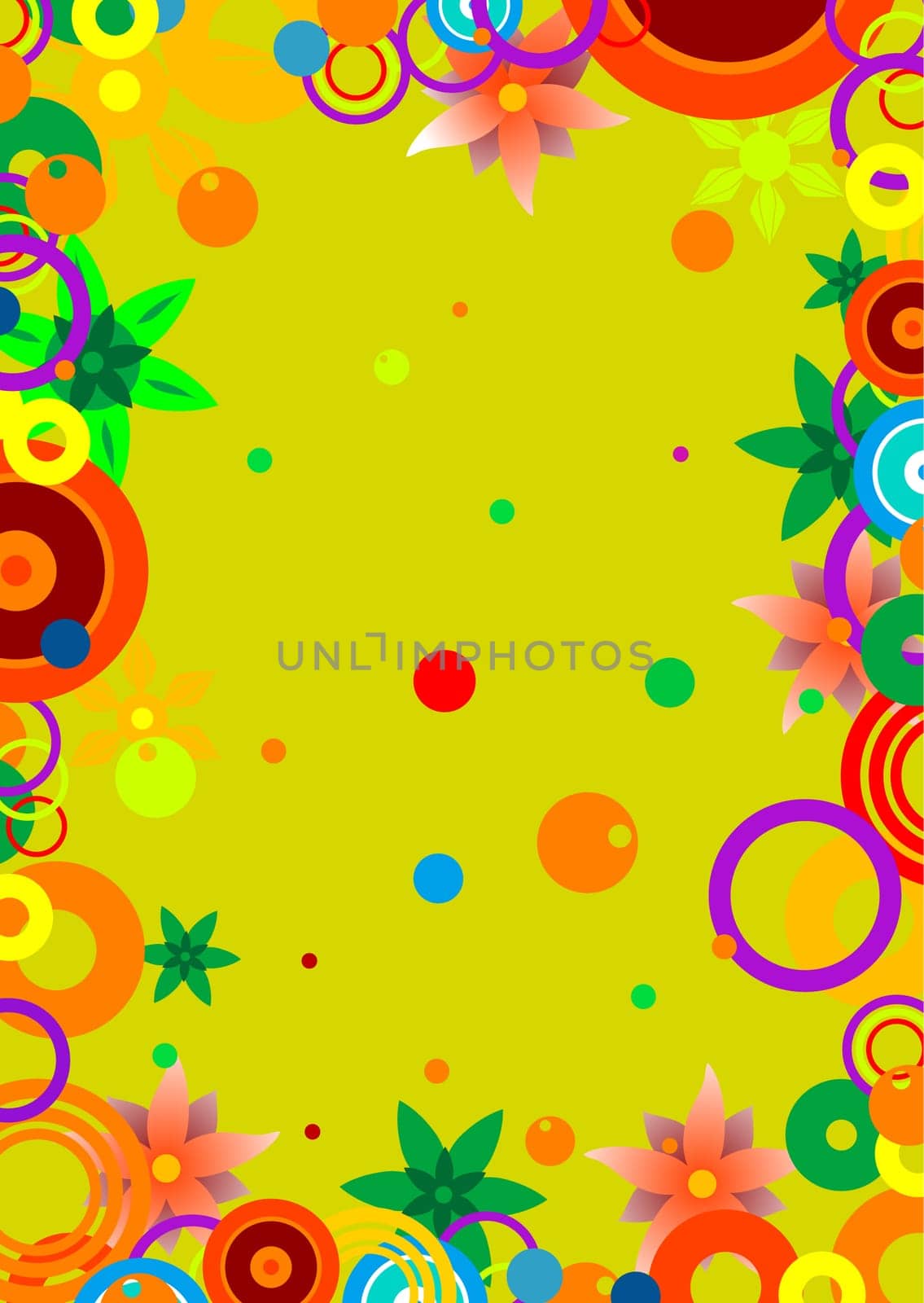 Fringing from colour circles and flowers on a bright background