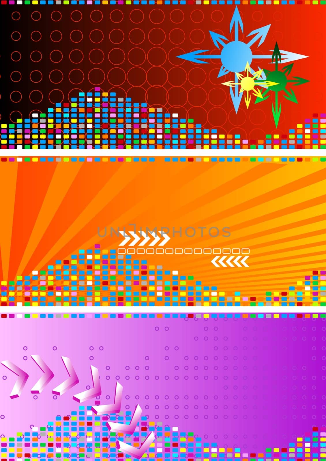 Set of bright abstract banners: orange, red and violet