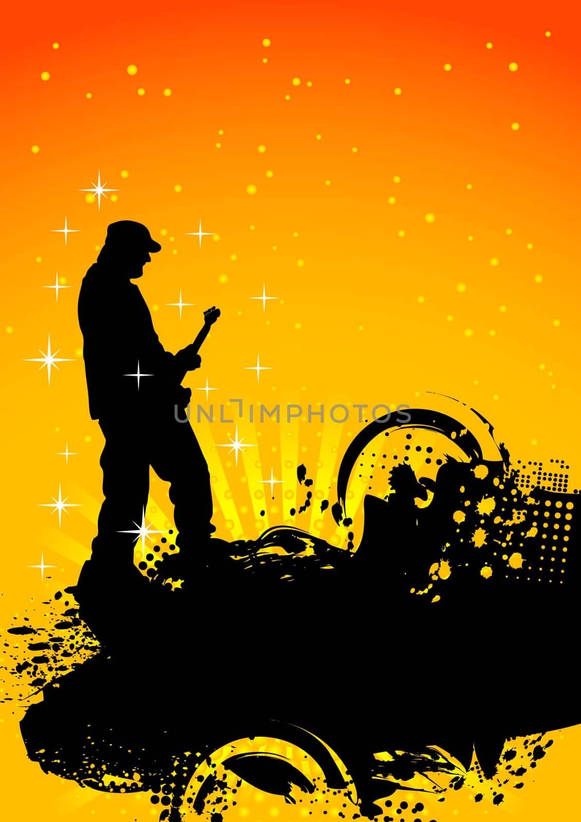 Bright contrast background: blots, beams, circles and guitarist