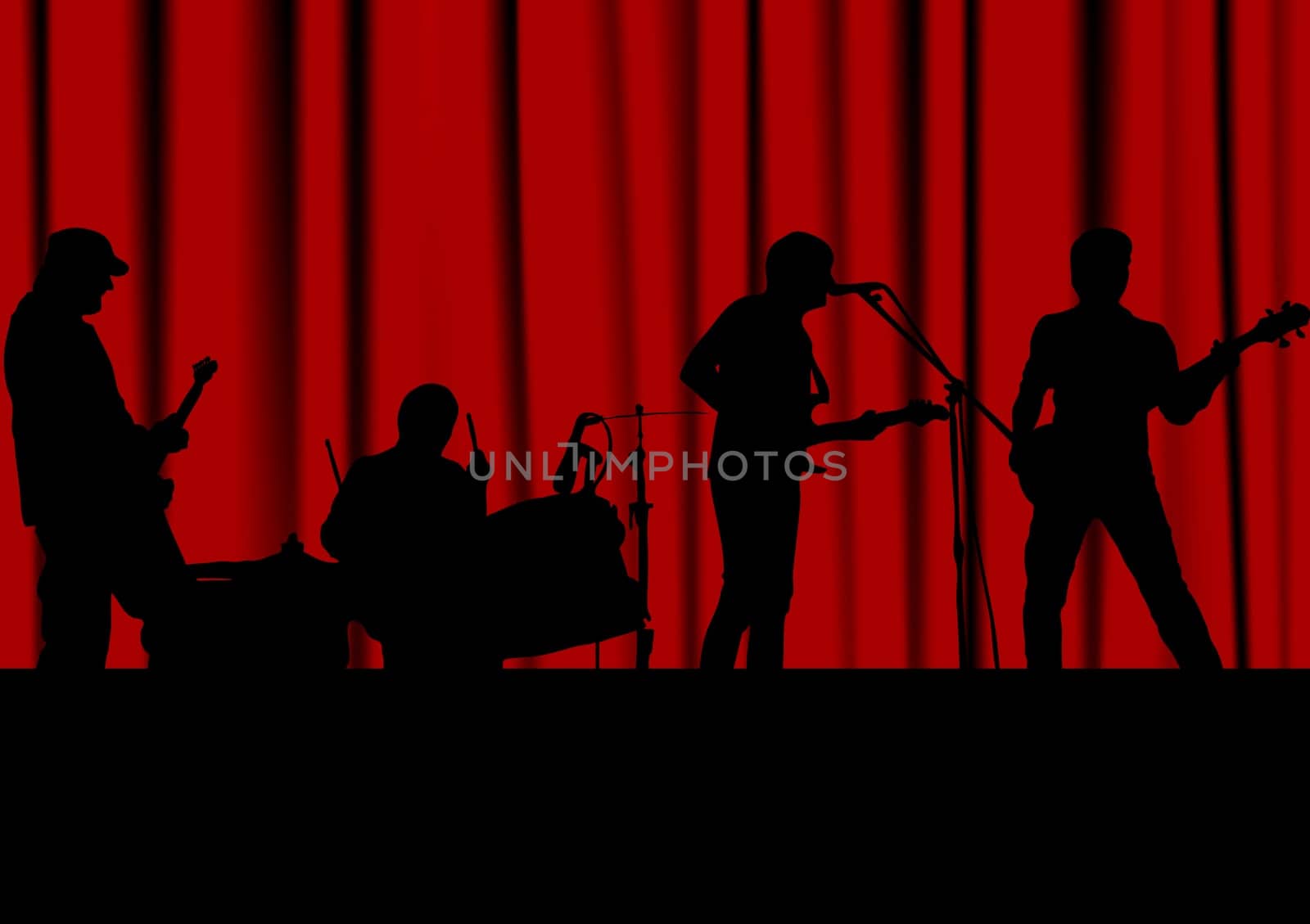 Music background, black silhouettes against a red curtain