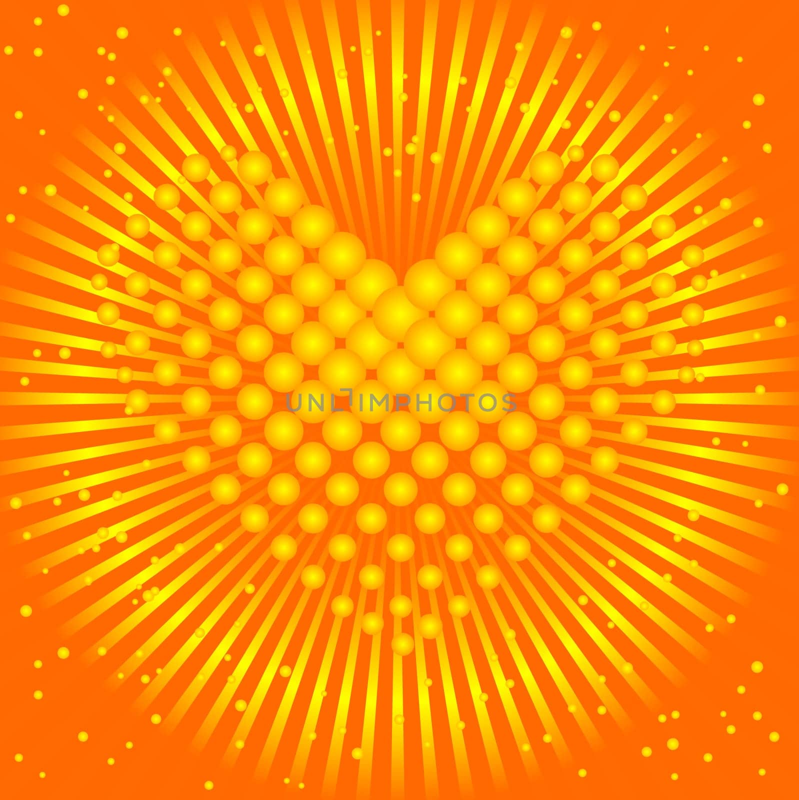 Yellow heart from balls and the sun behind it