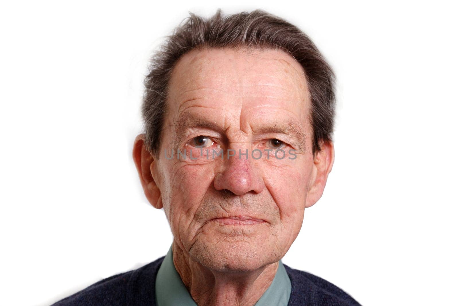 A old serious man closeup portrait on white background