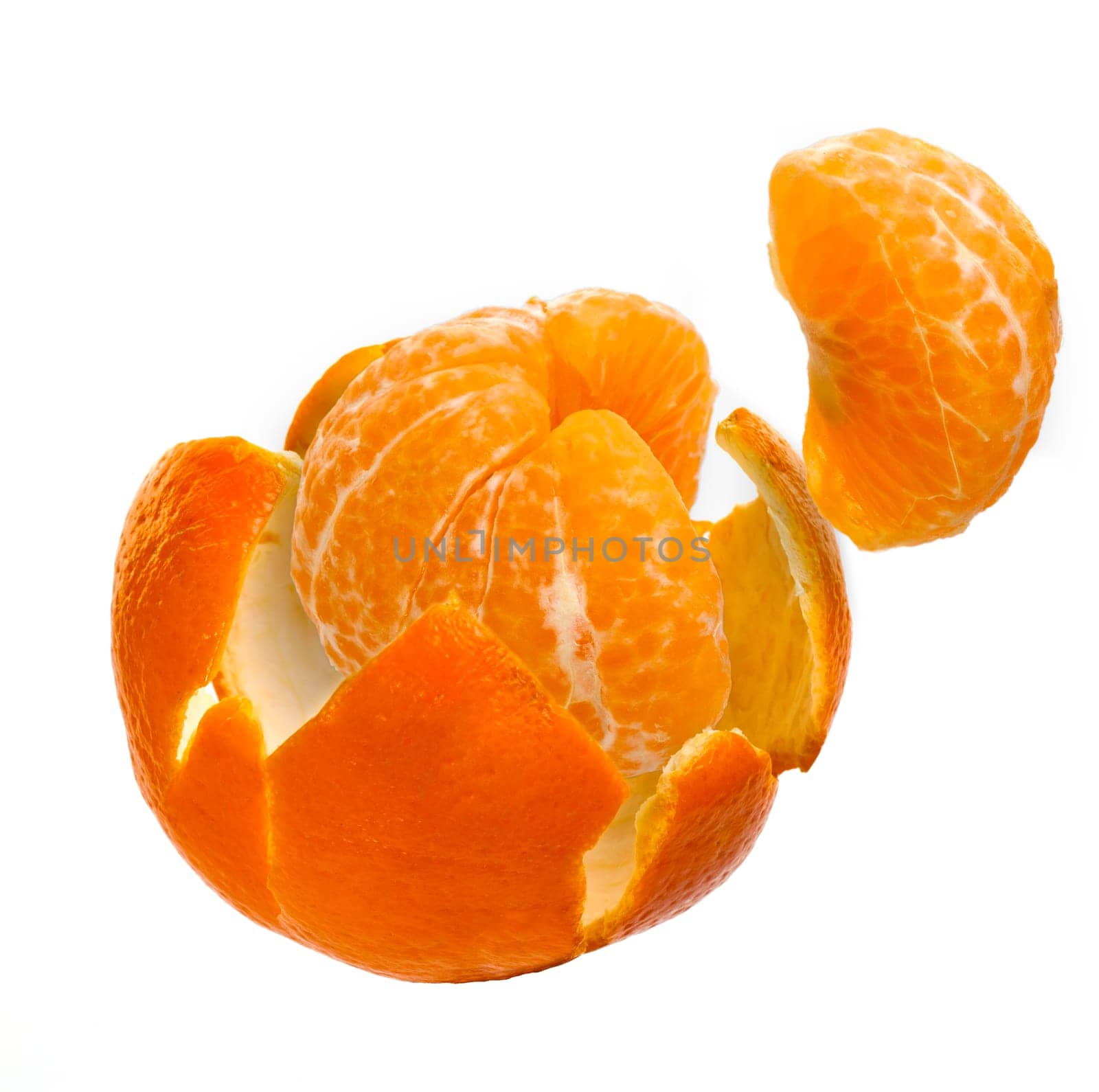 Lovely fresh juicy peeled tangerine with segments lose inside the peel, isolated on white