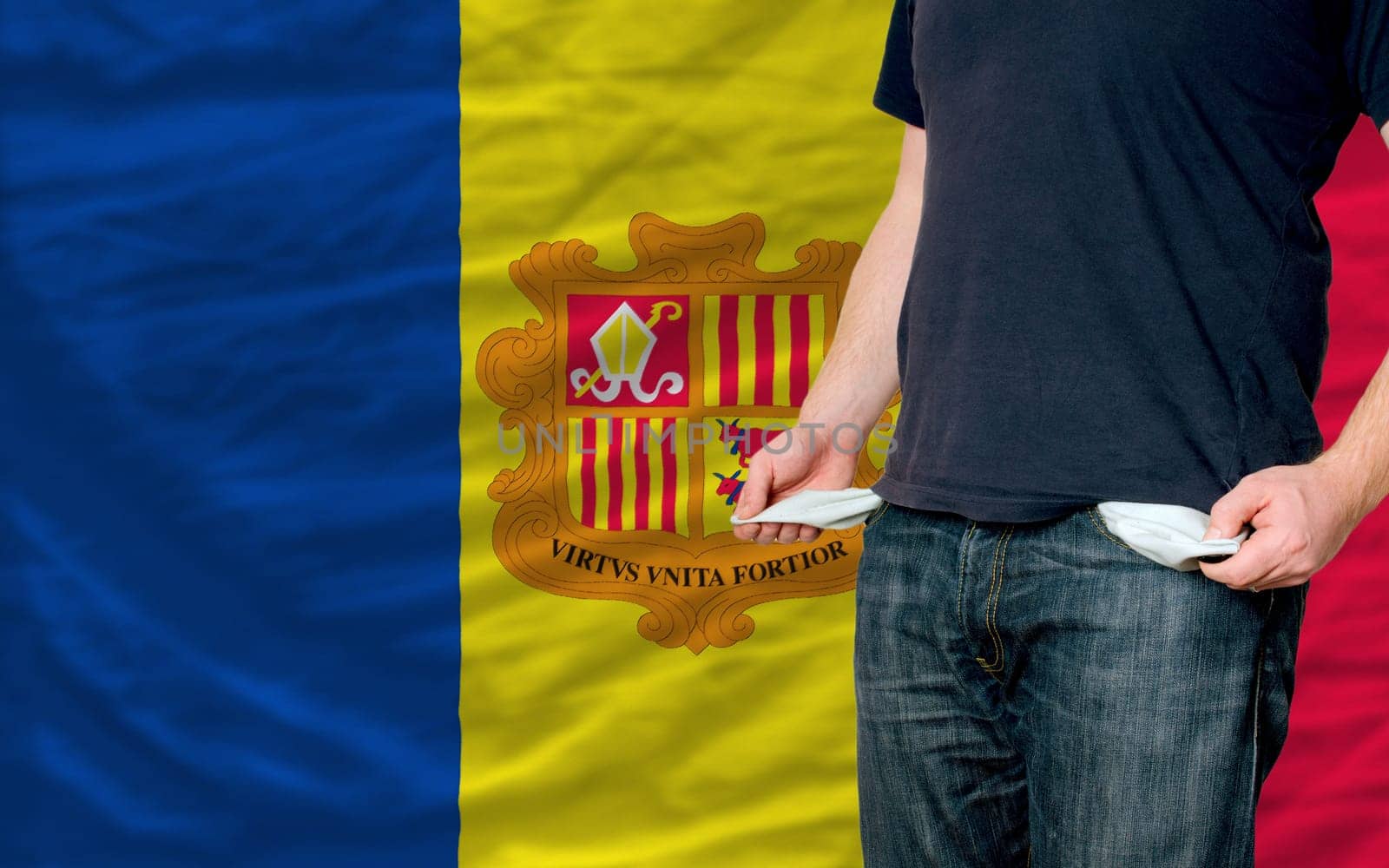 poor man showing empty pockets in front of andorra flag