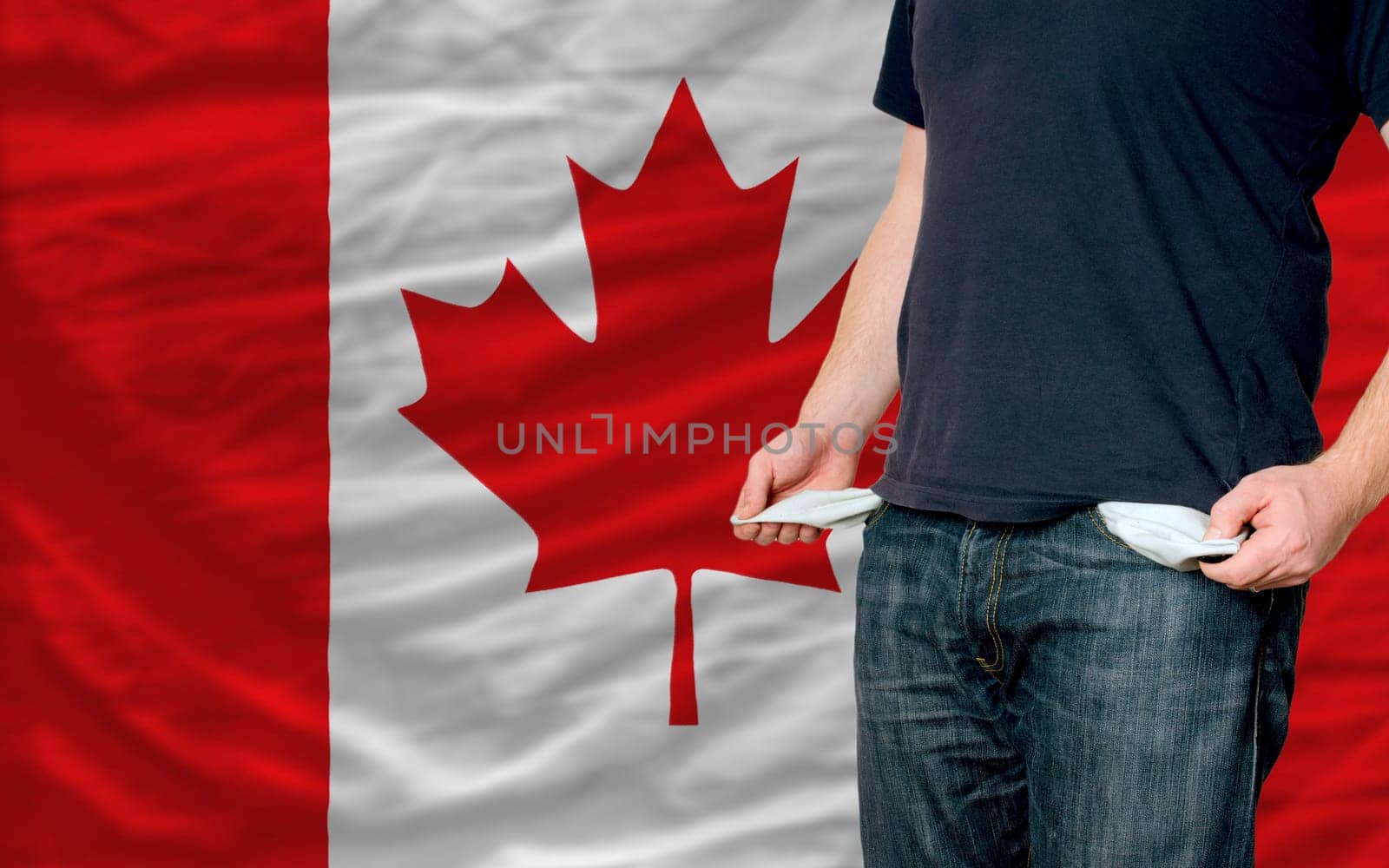 poor man showing empty pockets in front of canada flag
