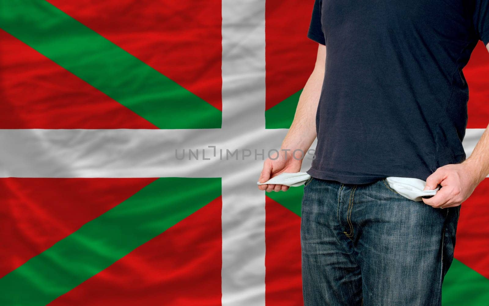 poor man showing empty pockets in front  of basque flag