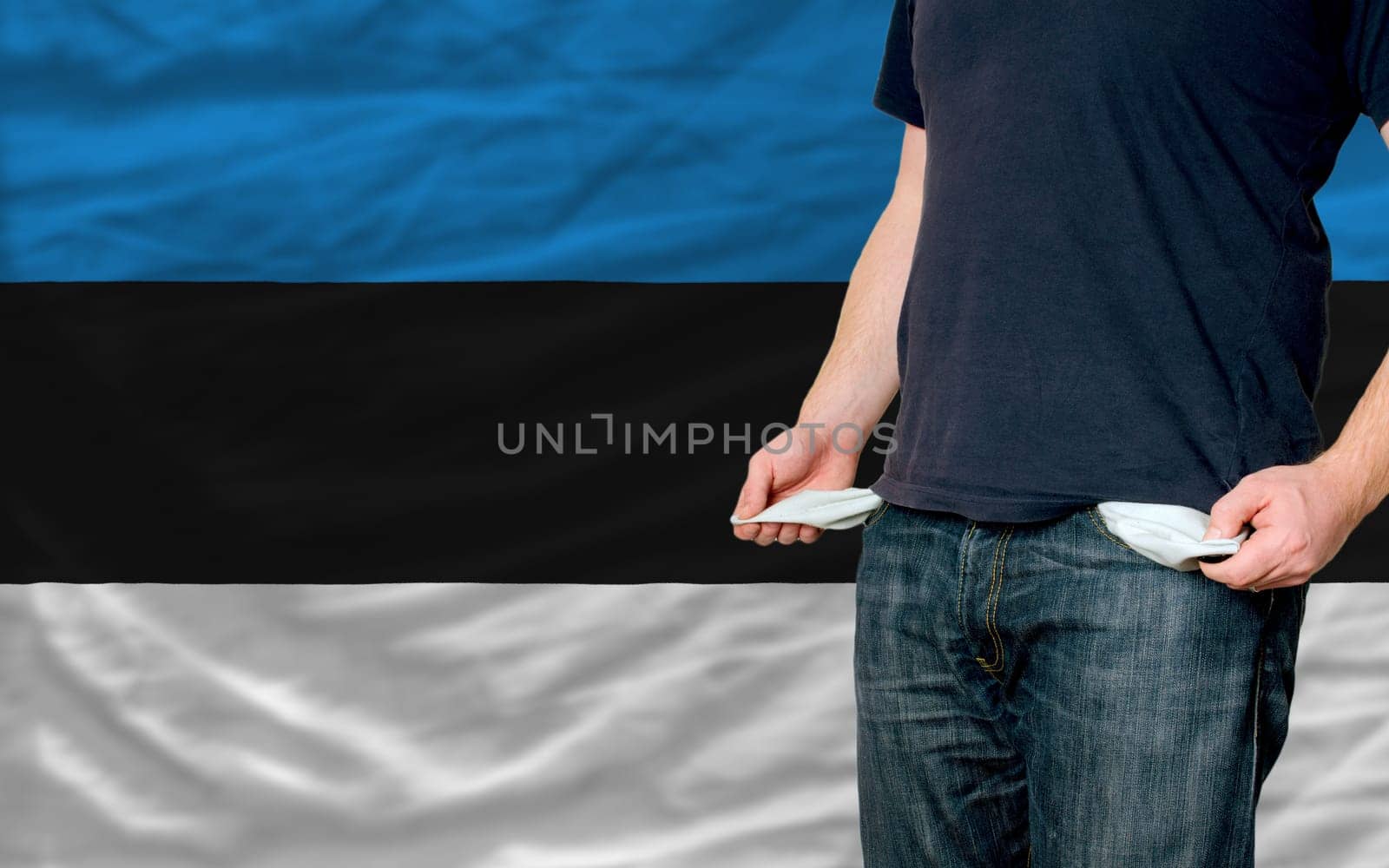 poor man showing empty pockets in front of estonia flag