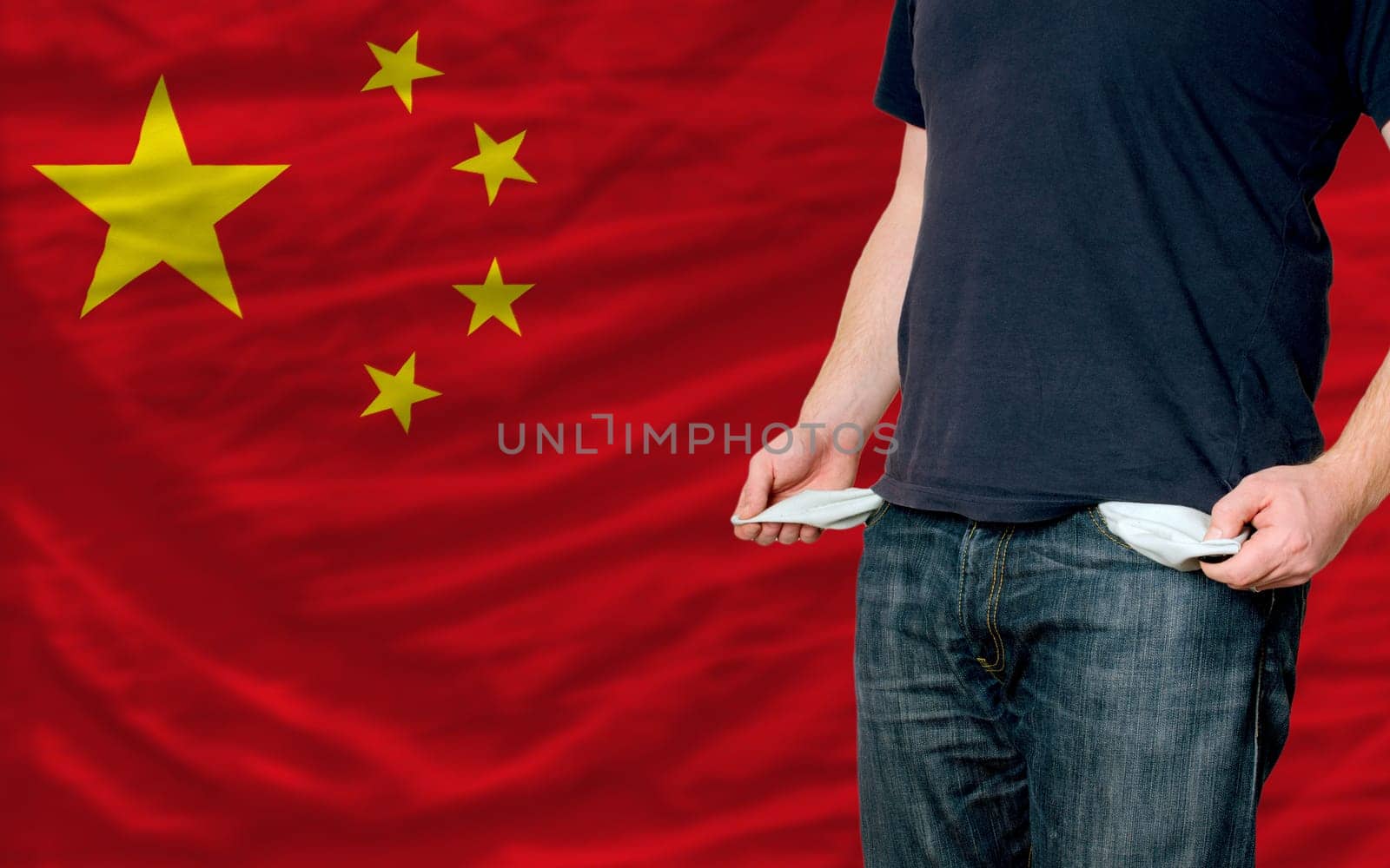 poor man showing empty pockets in front of china flag