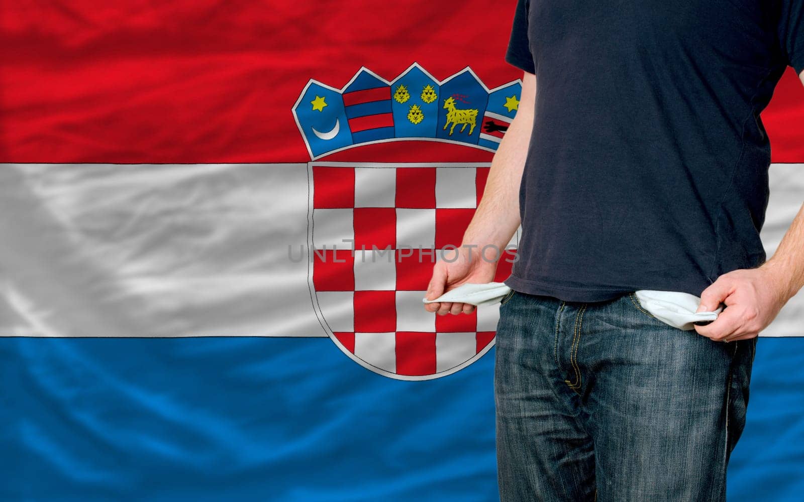 poor man showing empty pockets in front of croatia flag