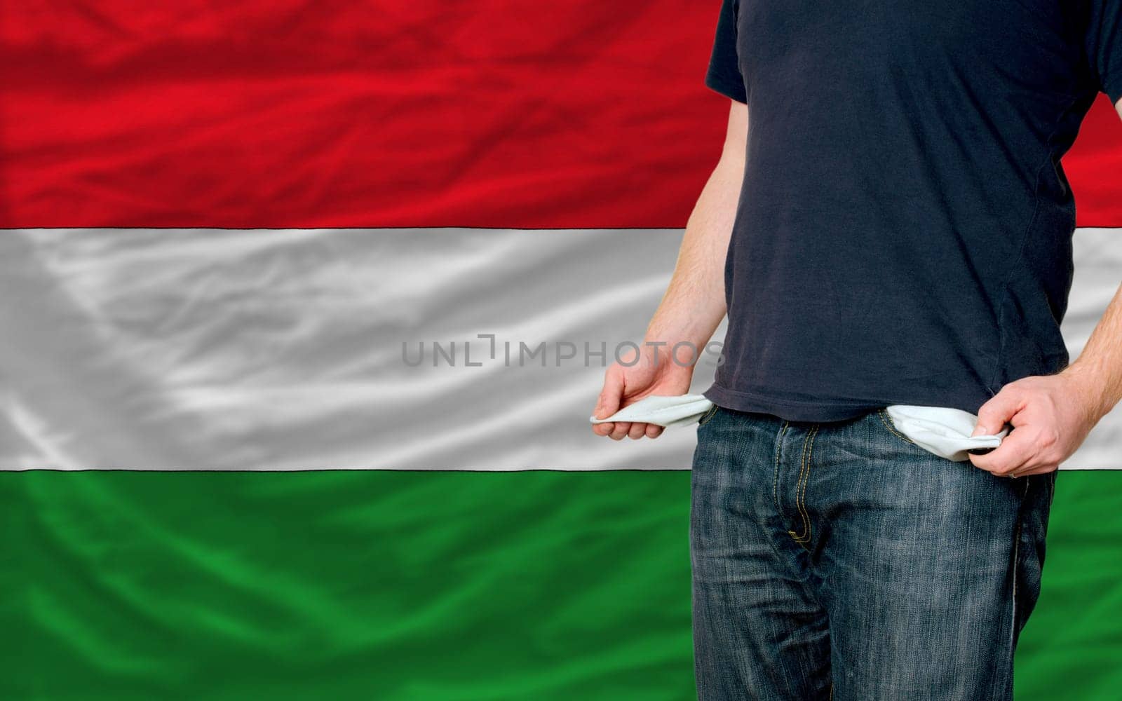 poor man showing empty pockets in front of hungary flag