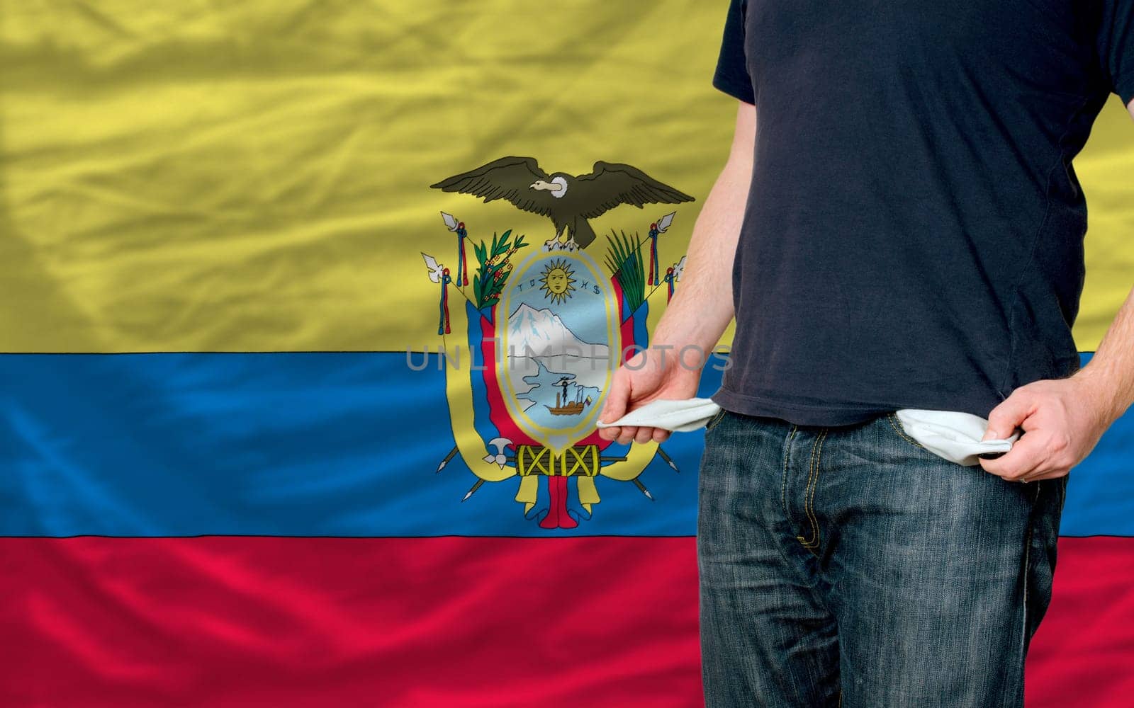 poor man showing empty pockets in front of ecuador flag