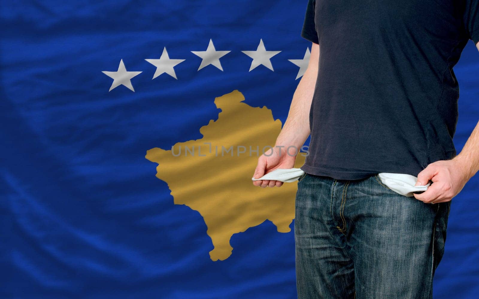 poor man showing empty pockets in front  of kosovo flag