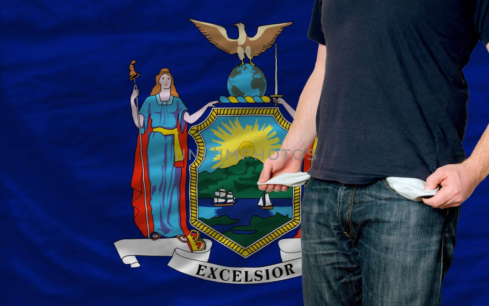 poor man showing empty pockets in front of american state of new york flag