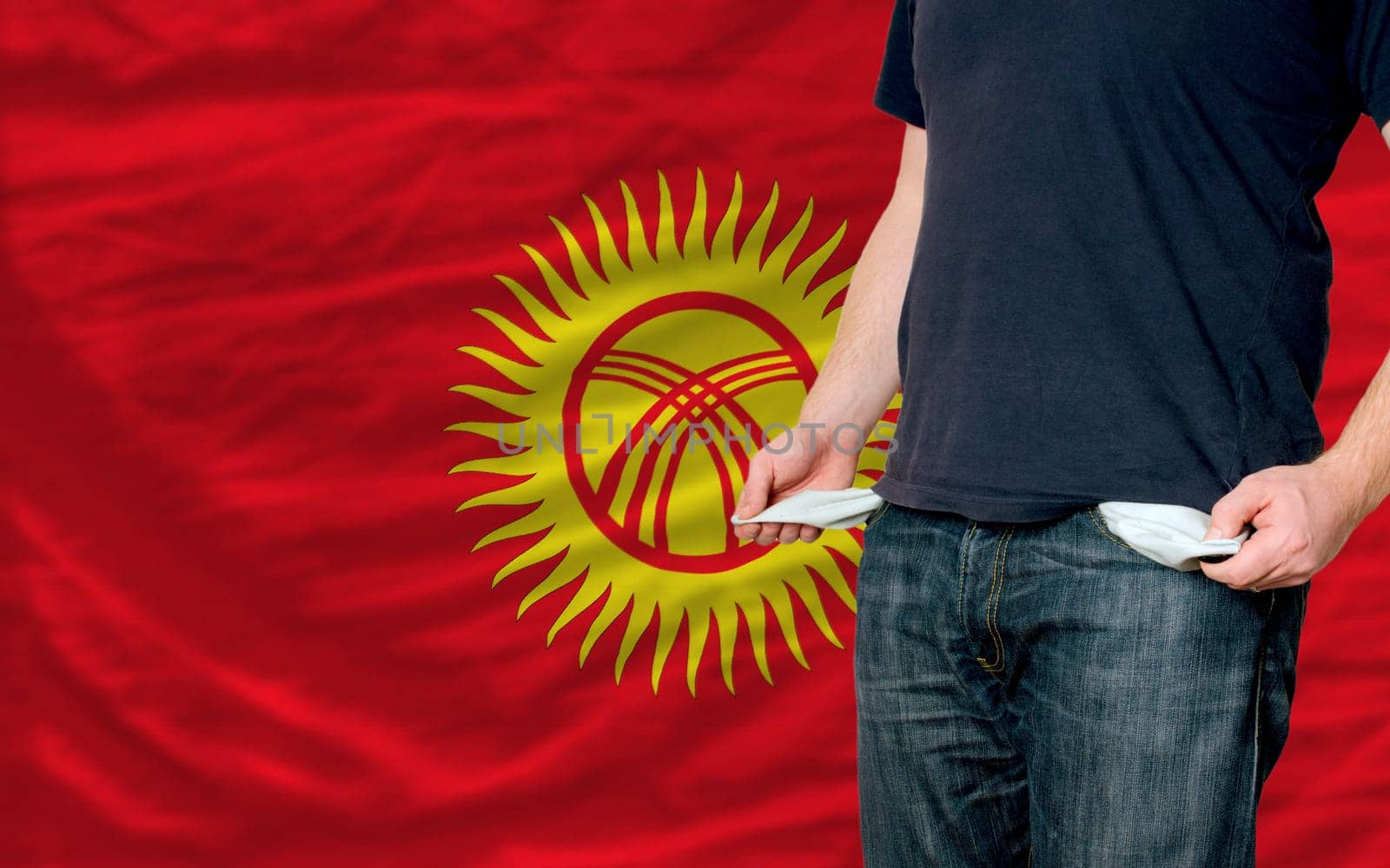 poor man showing empty pockets in front of kyrgyzstan flag