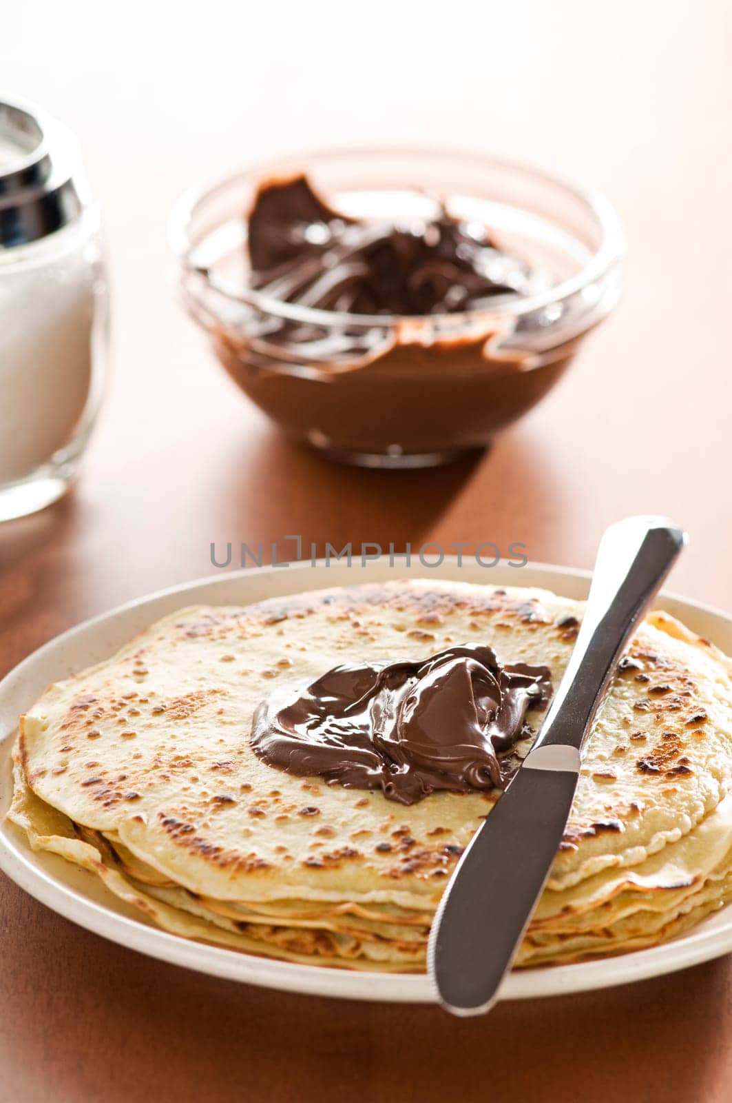 Fresh pancakes with chocolate close up shoot