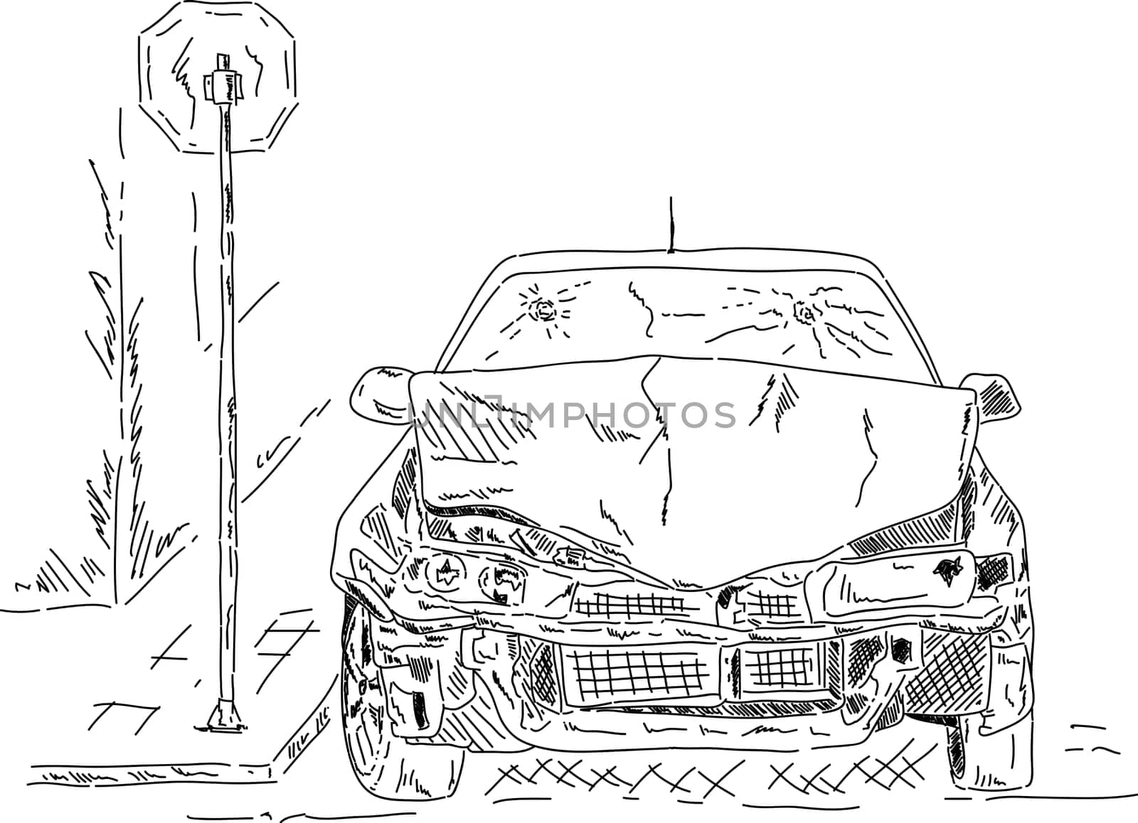vector - wrecked car isolated on white , hand draw