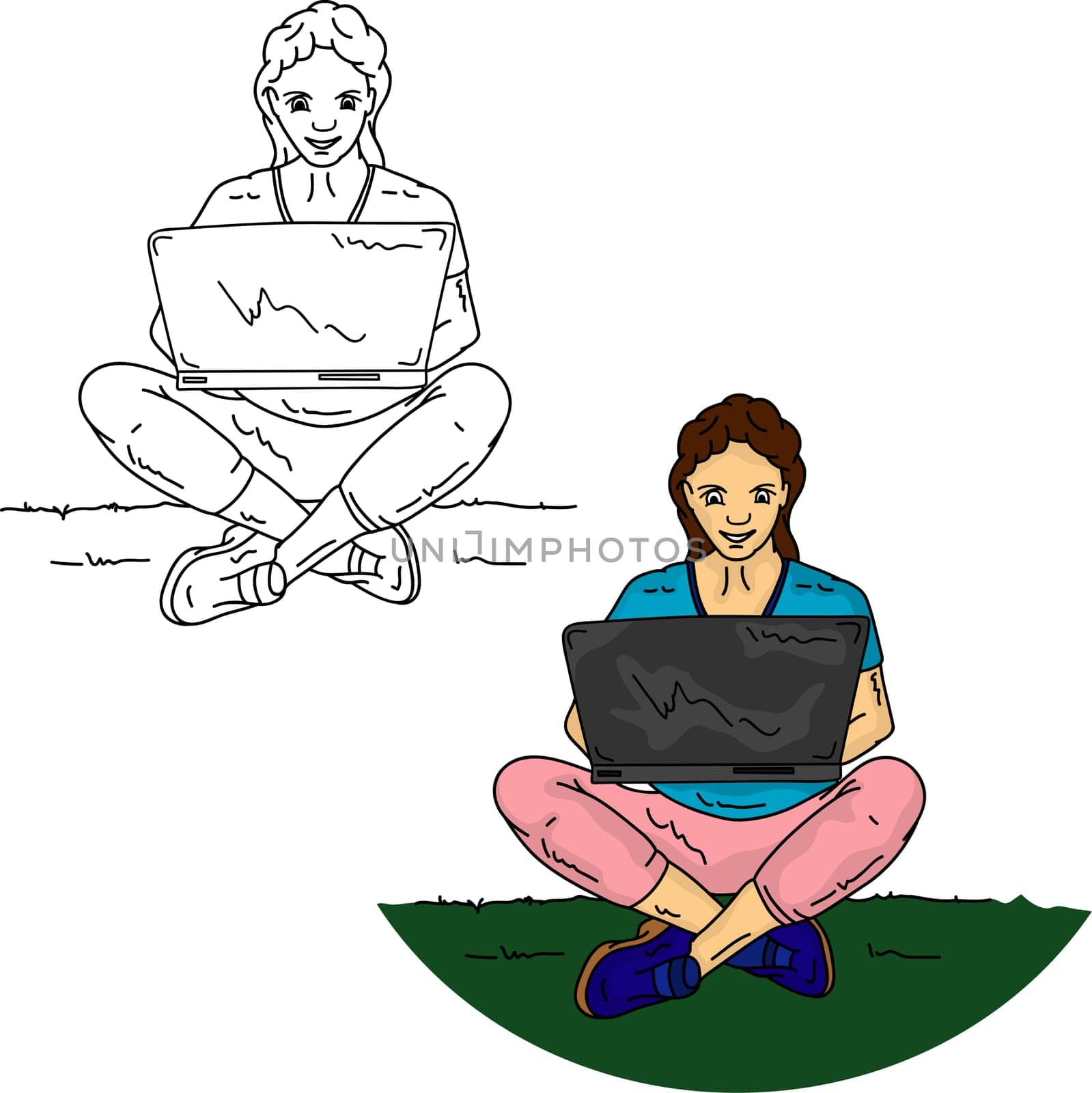 Vector - Girl sitting on grass with notebook, isolated on background