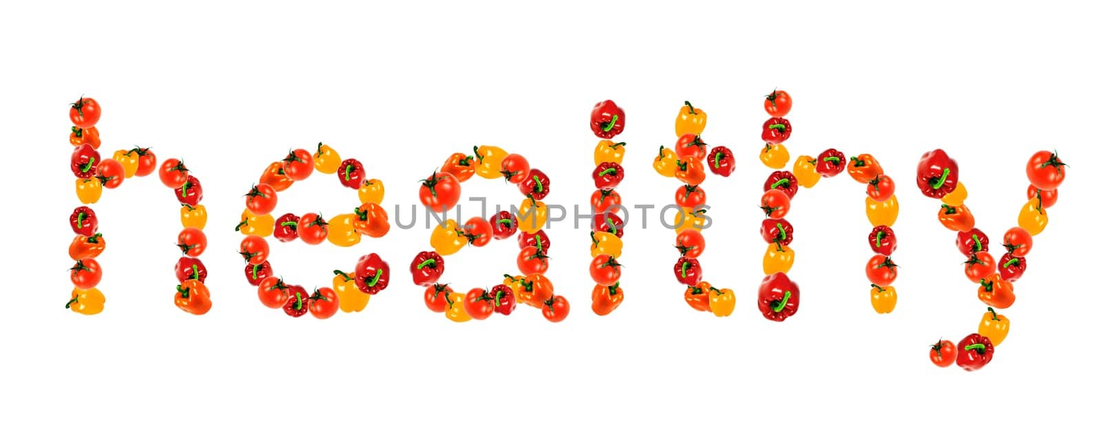 The word healthy written with fresh vegetables, peppers and tomatoes.
