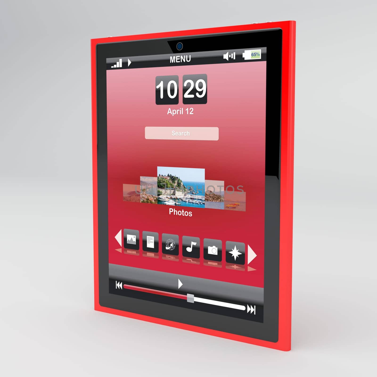 Red tablet pc on gray background