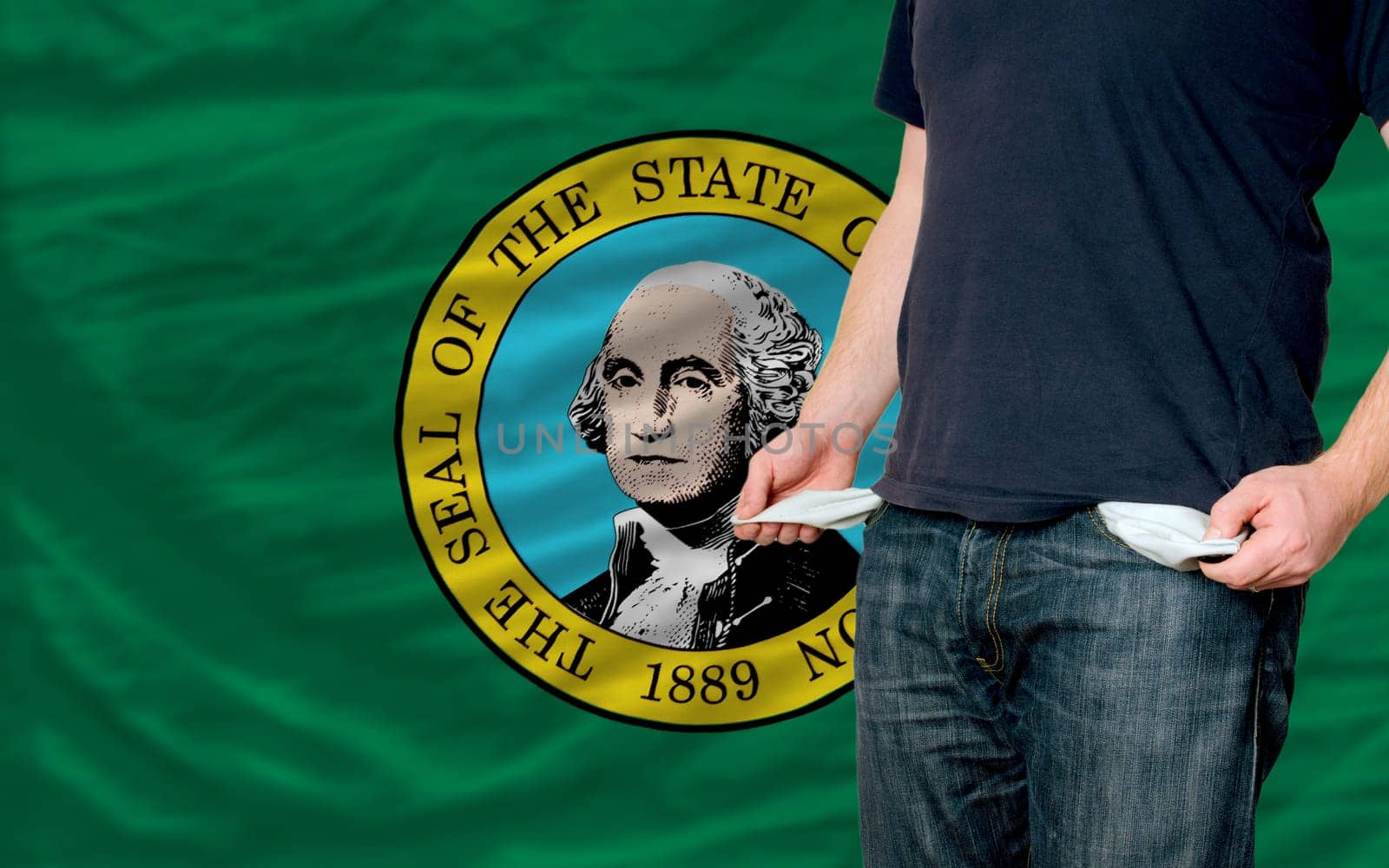 poor man showing empty pockets in front of american state of washington flag
