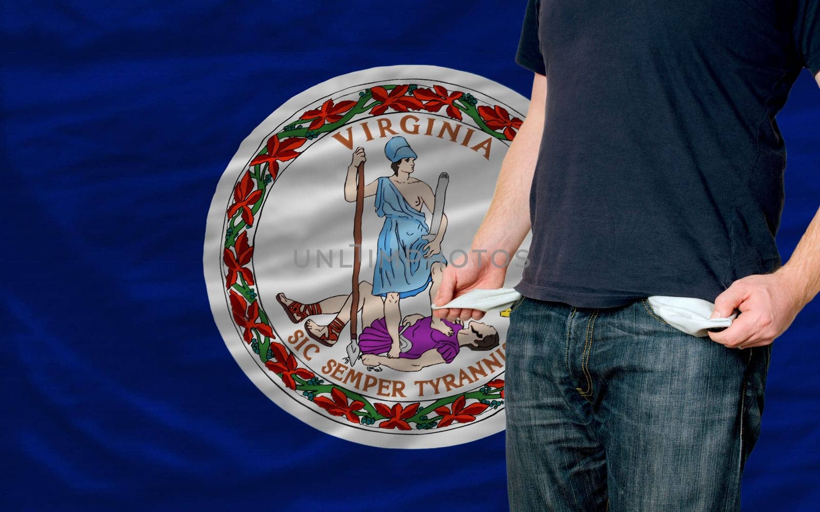 poor man showing empty pockets in front of american state of virginia flag