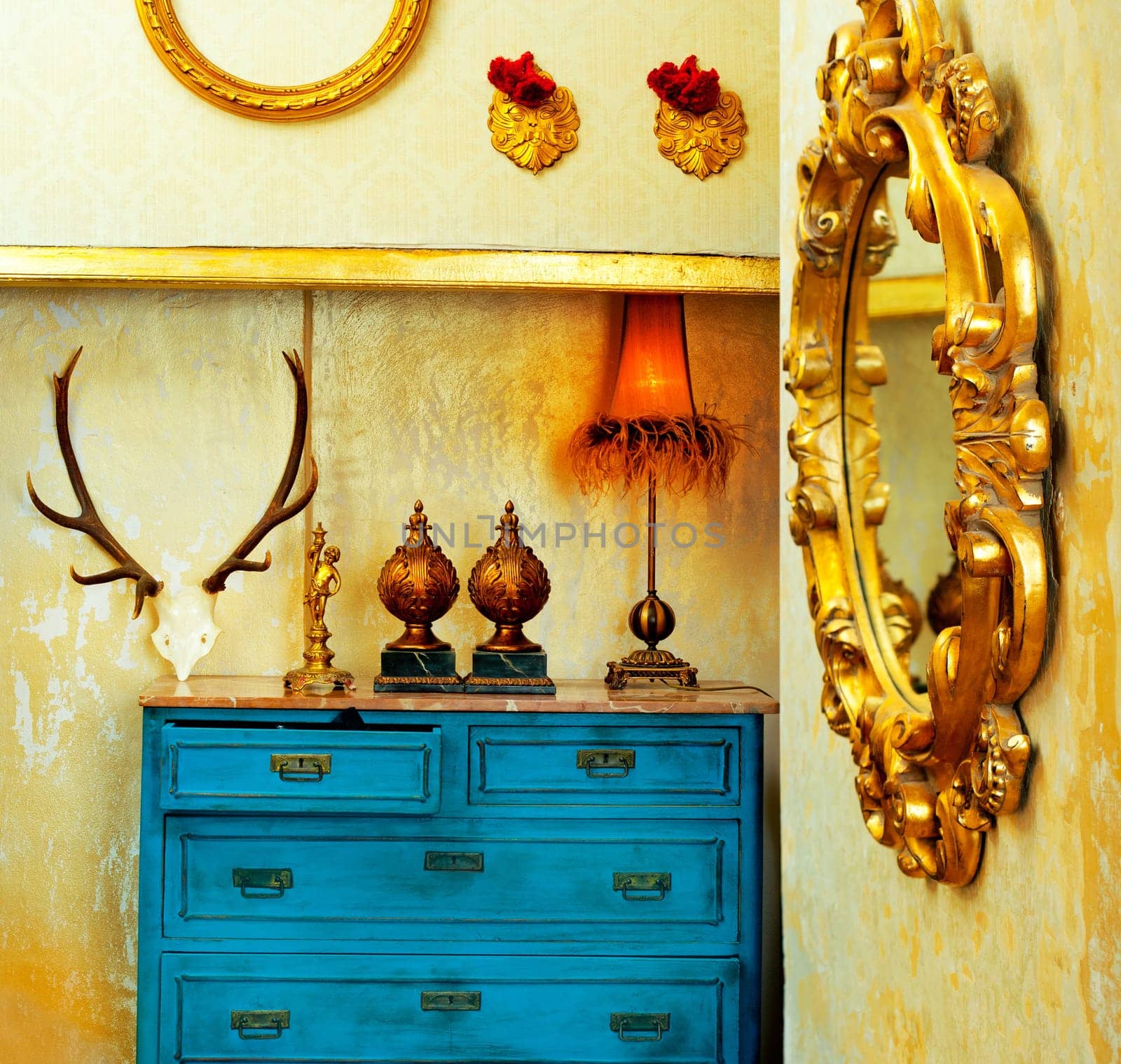 baroque grunge vintage house with blue drawer and golden mirror