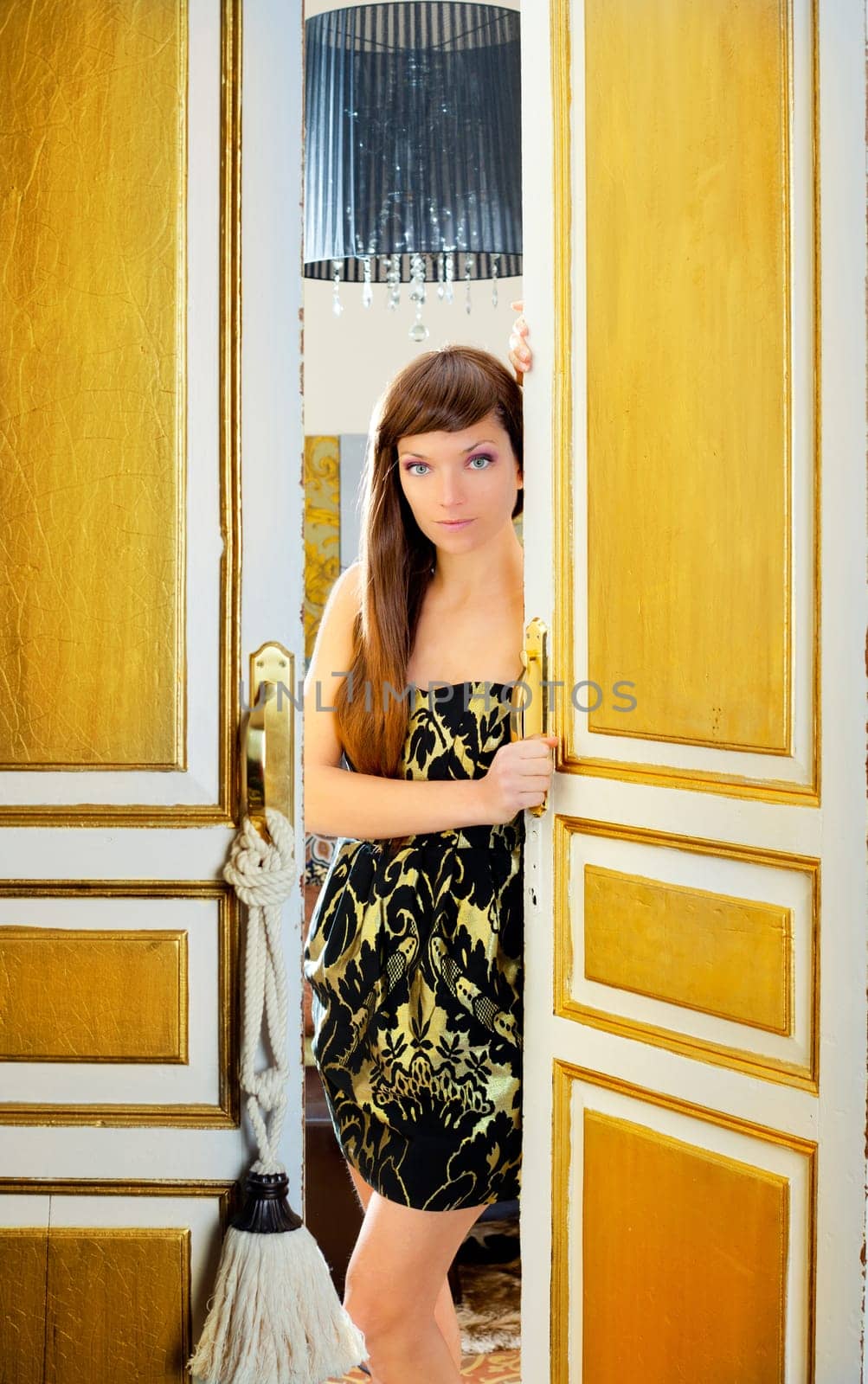 elegance fashion woman in hotel room door sensual invitation