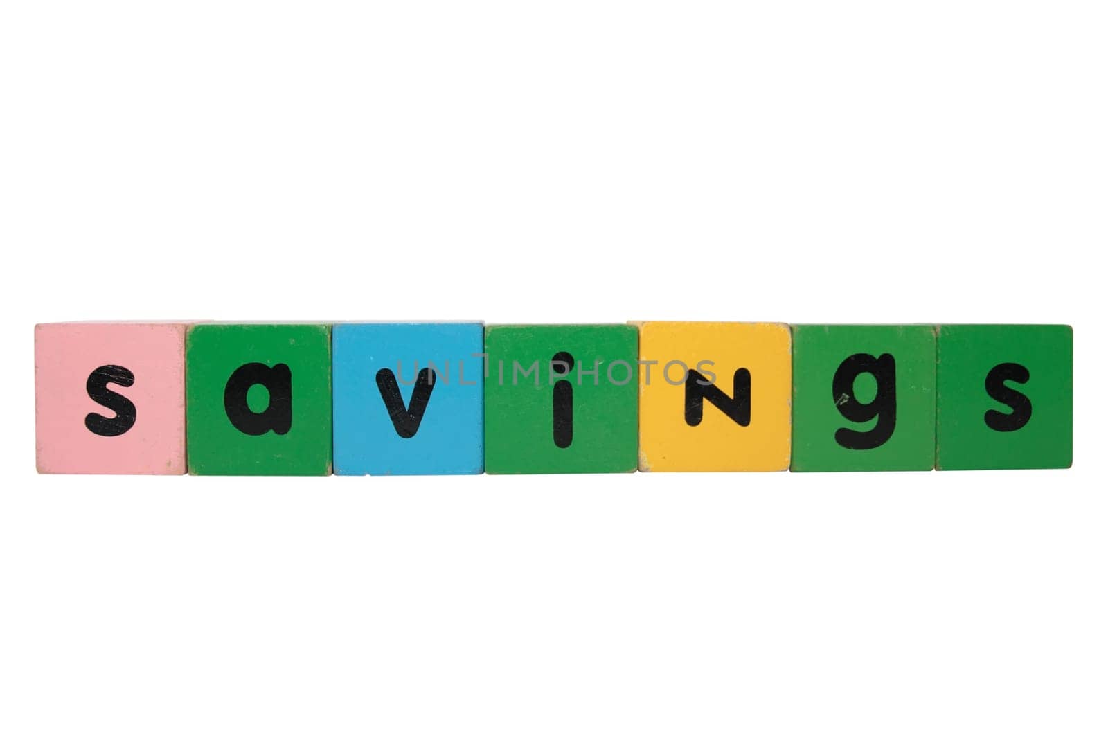 toy letters that spell savings against a white background with clipping path