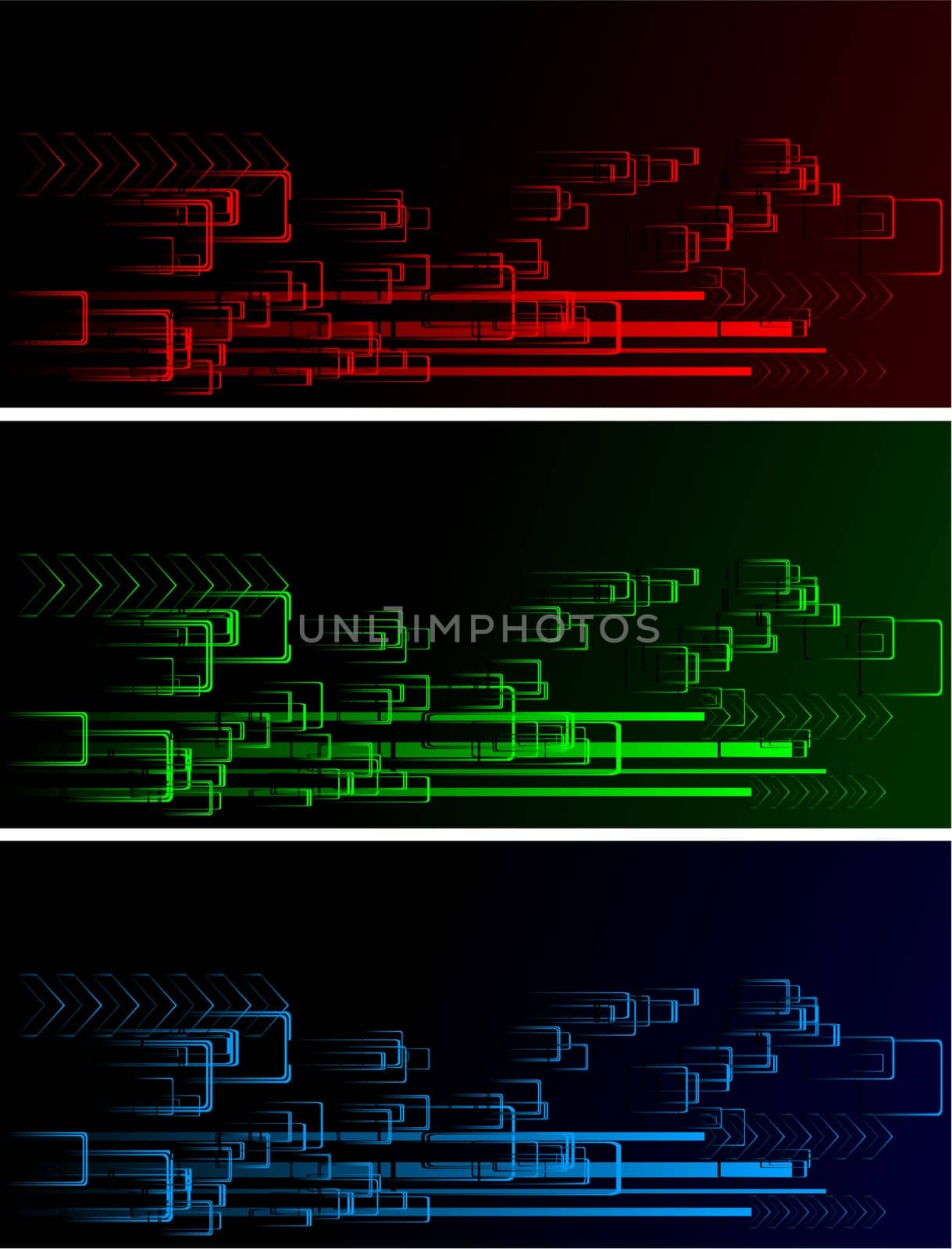 Set of three dark banners: squares and arrows