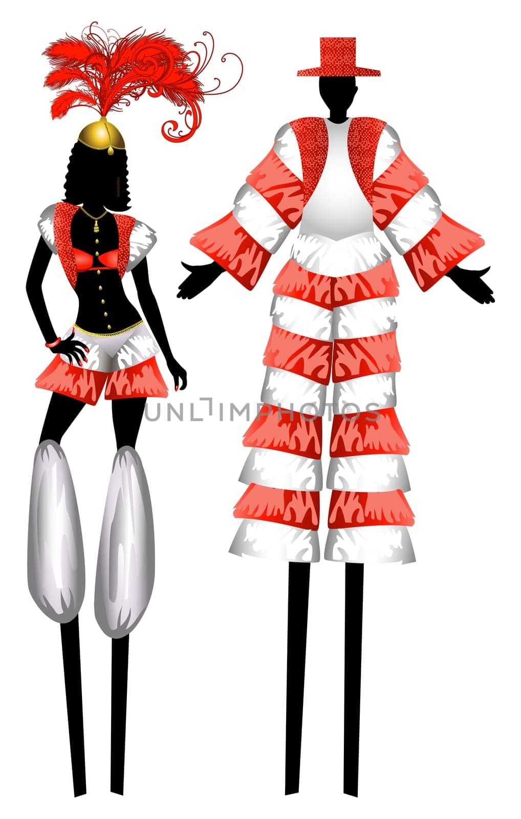 Vector Illustration of two Moko Jumbies also known as stiltwalkers.