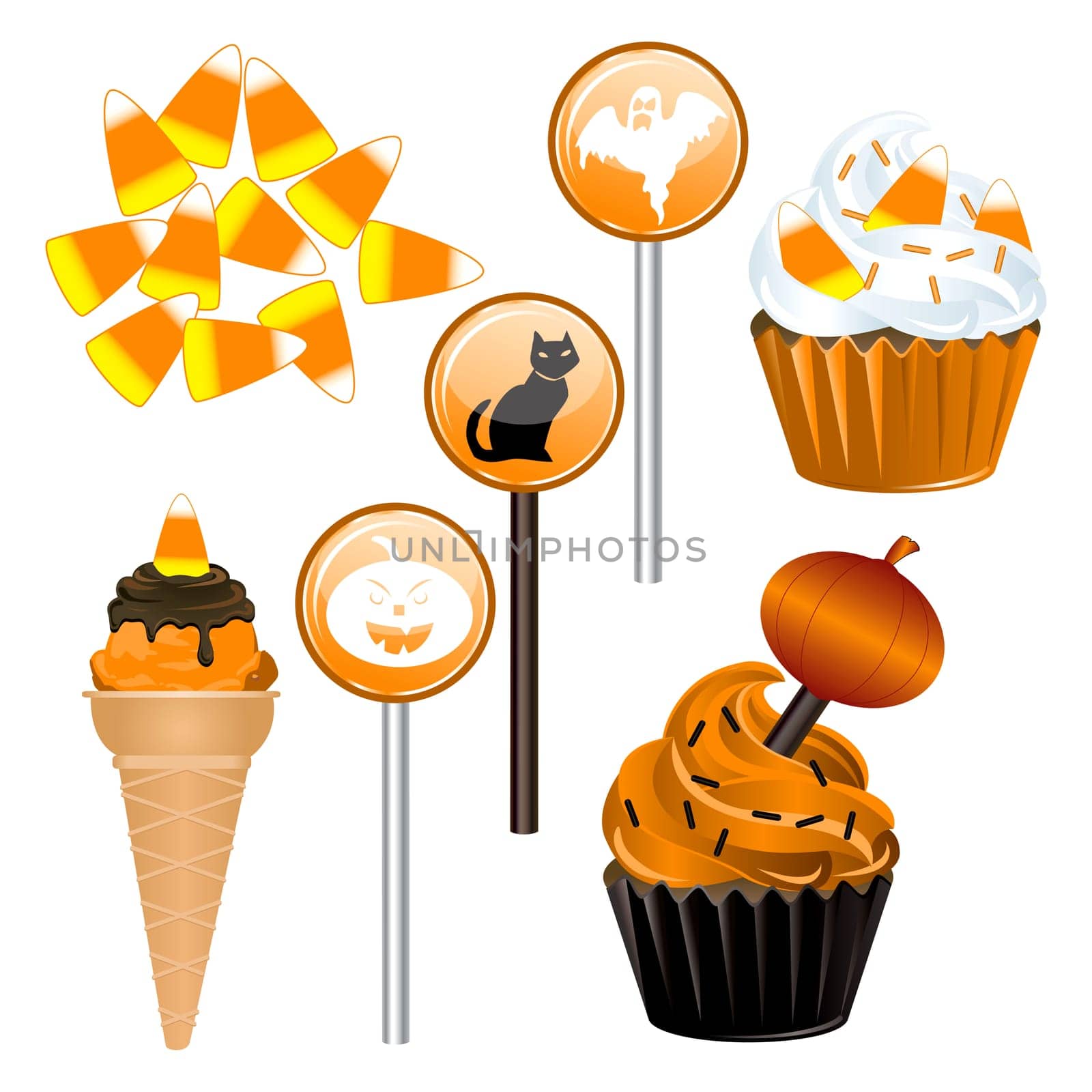 Vector Illustration of seven different Halloween Candy and Cupcakes.