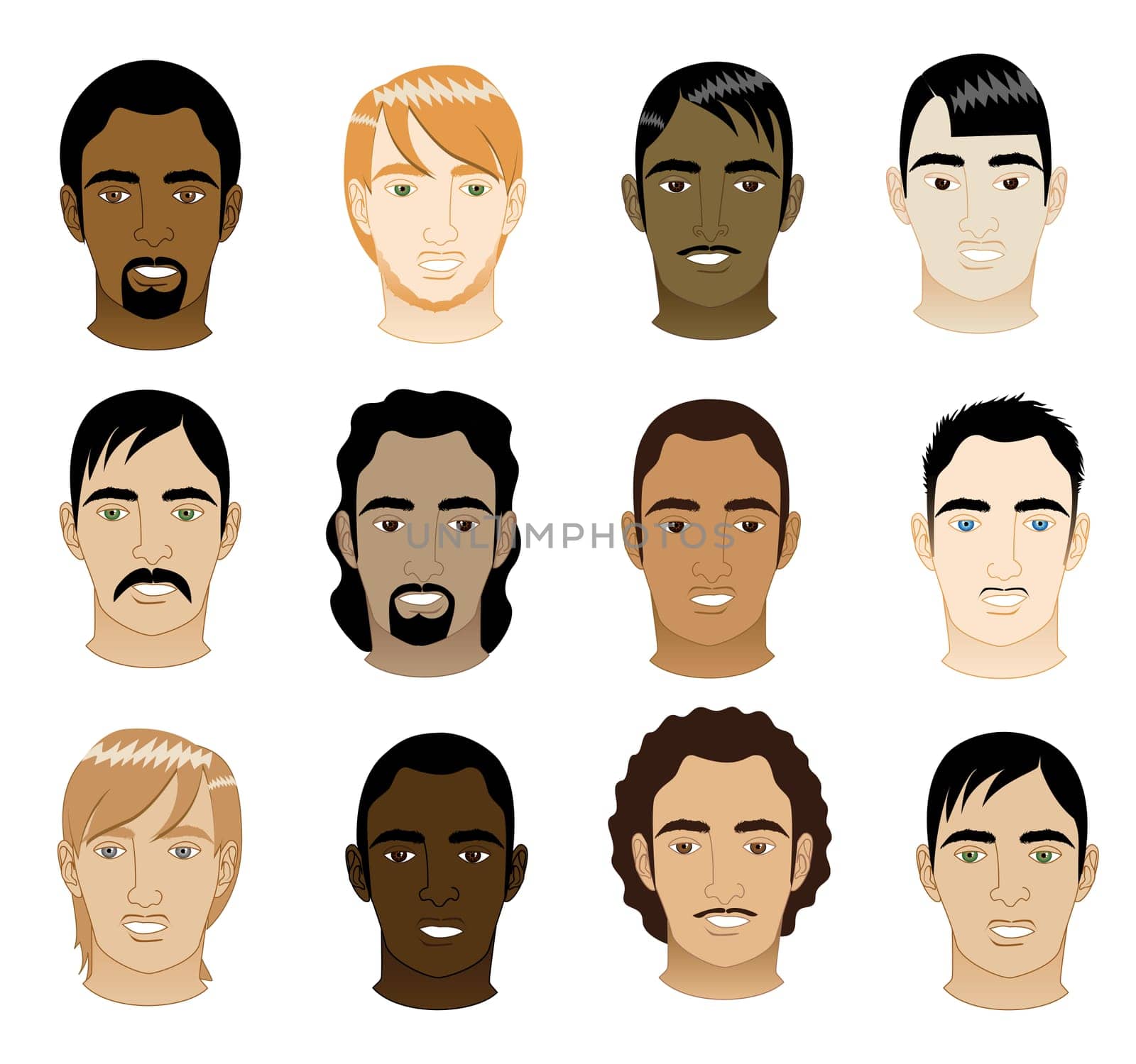 Vector Illustration of 12 different mens faces.