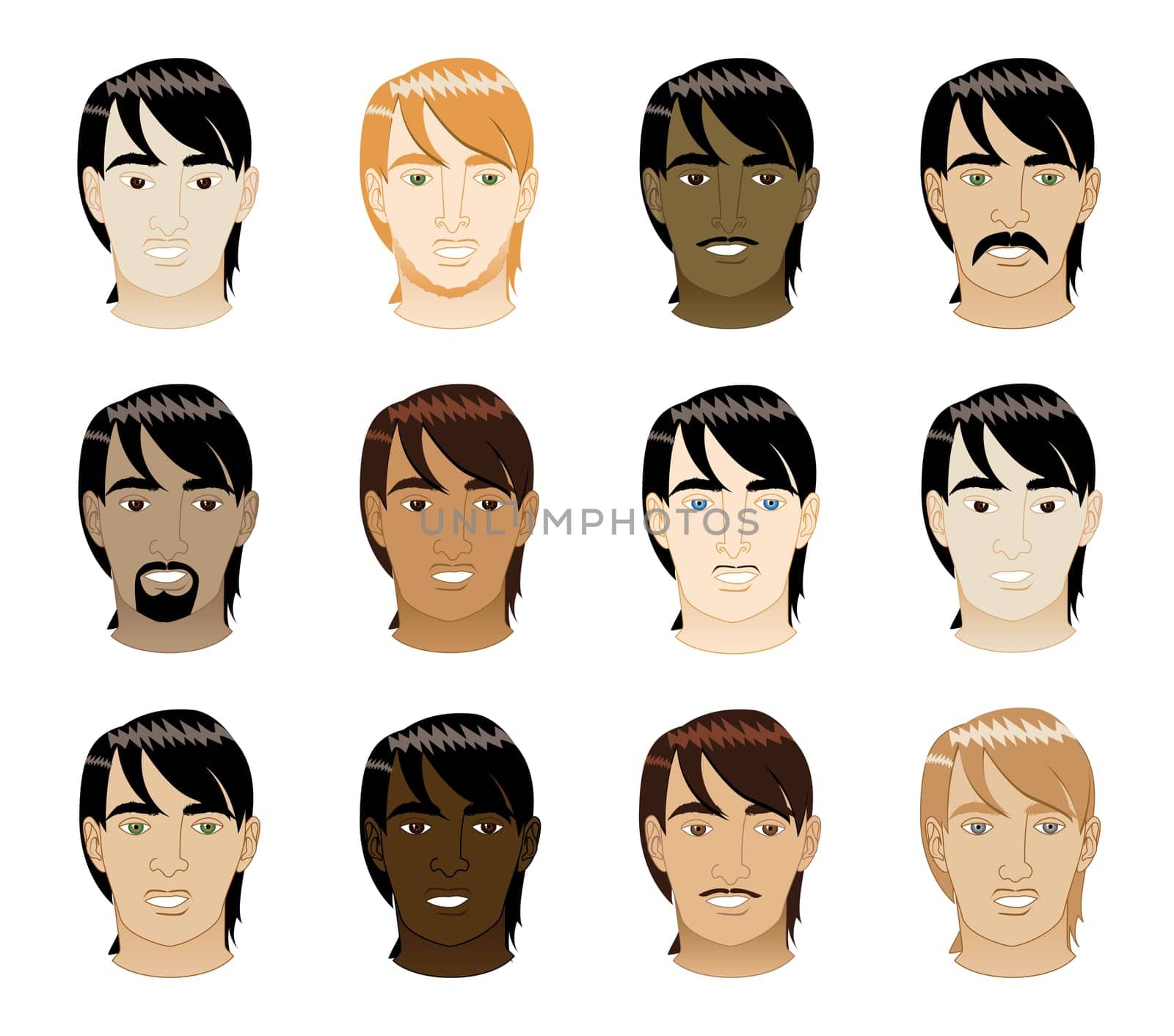 Vector Illustration of 12 different long Straight Hair Men Faces.