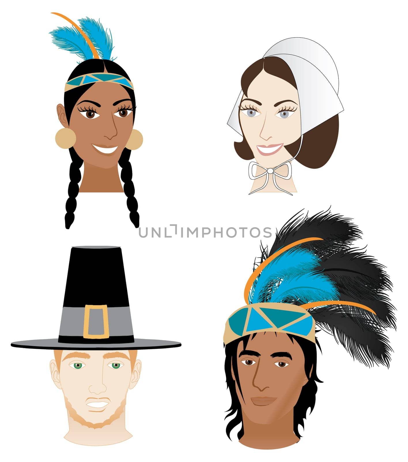 Vector Illustration of 4 faces for Thanksgiving. Indians and Pilgrims