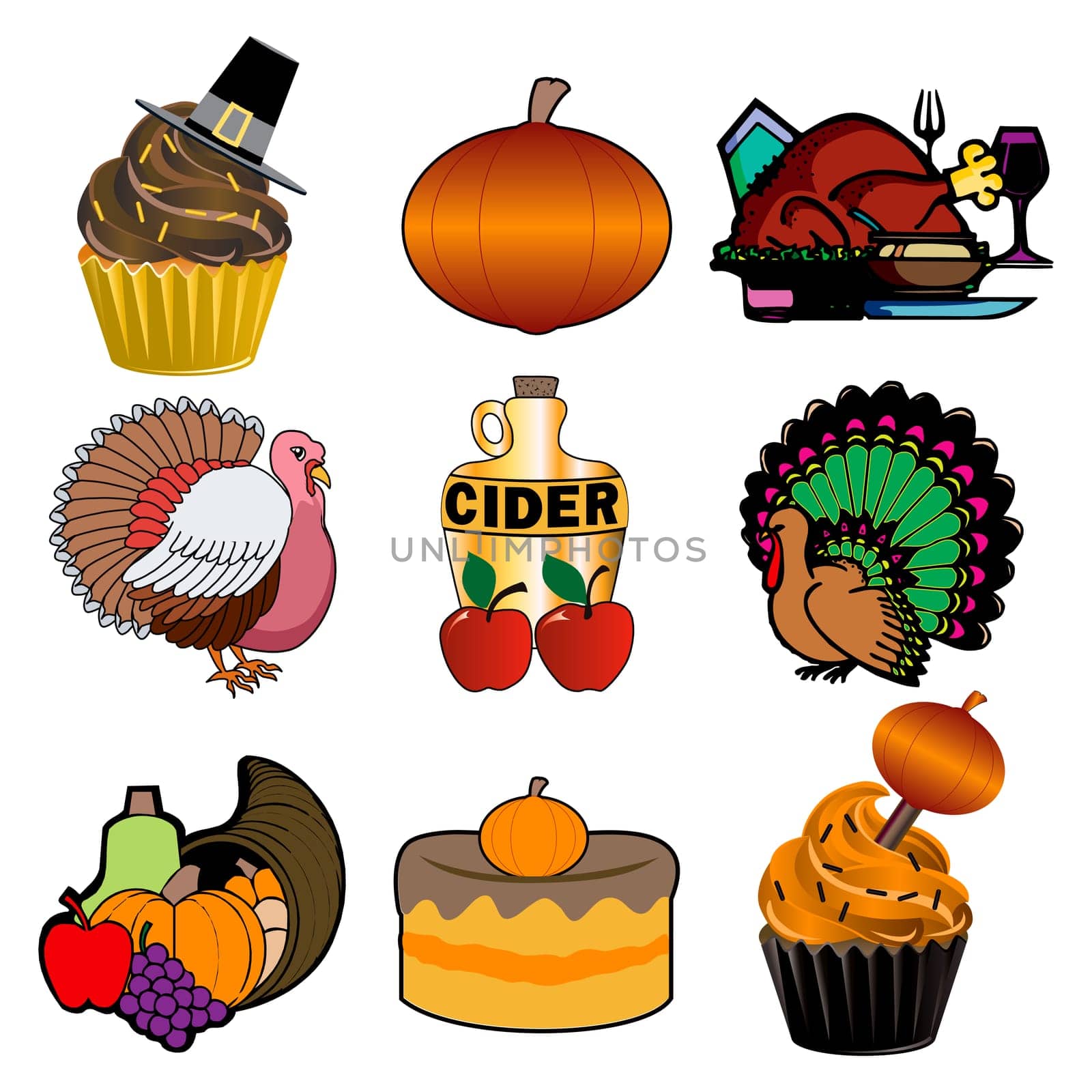 Vector illustration of 9 Thanksgiving, Fall, Autumn Icons. Thanksgiving Icons 3.