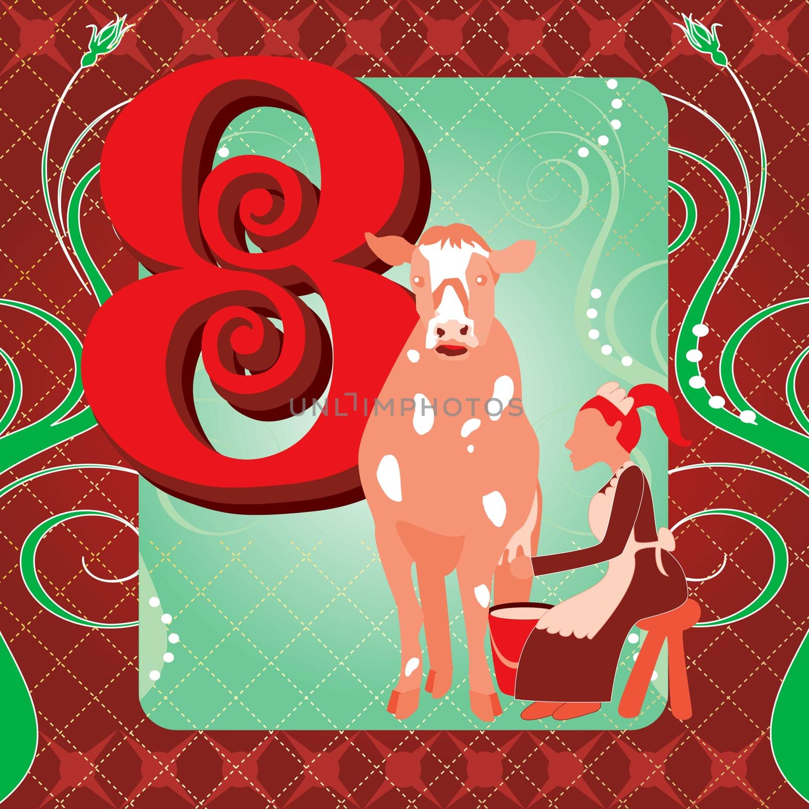 Vector Illustration Card for the 12 days of Christmas. Eight Maids Milking.