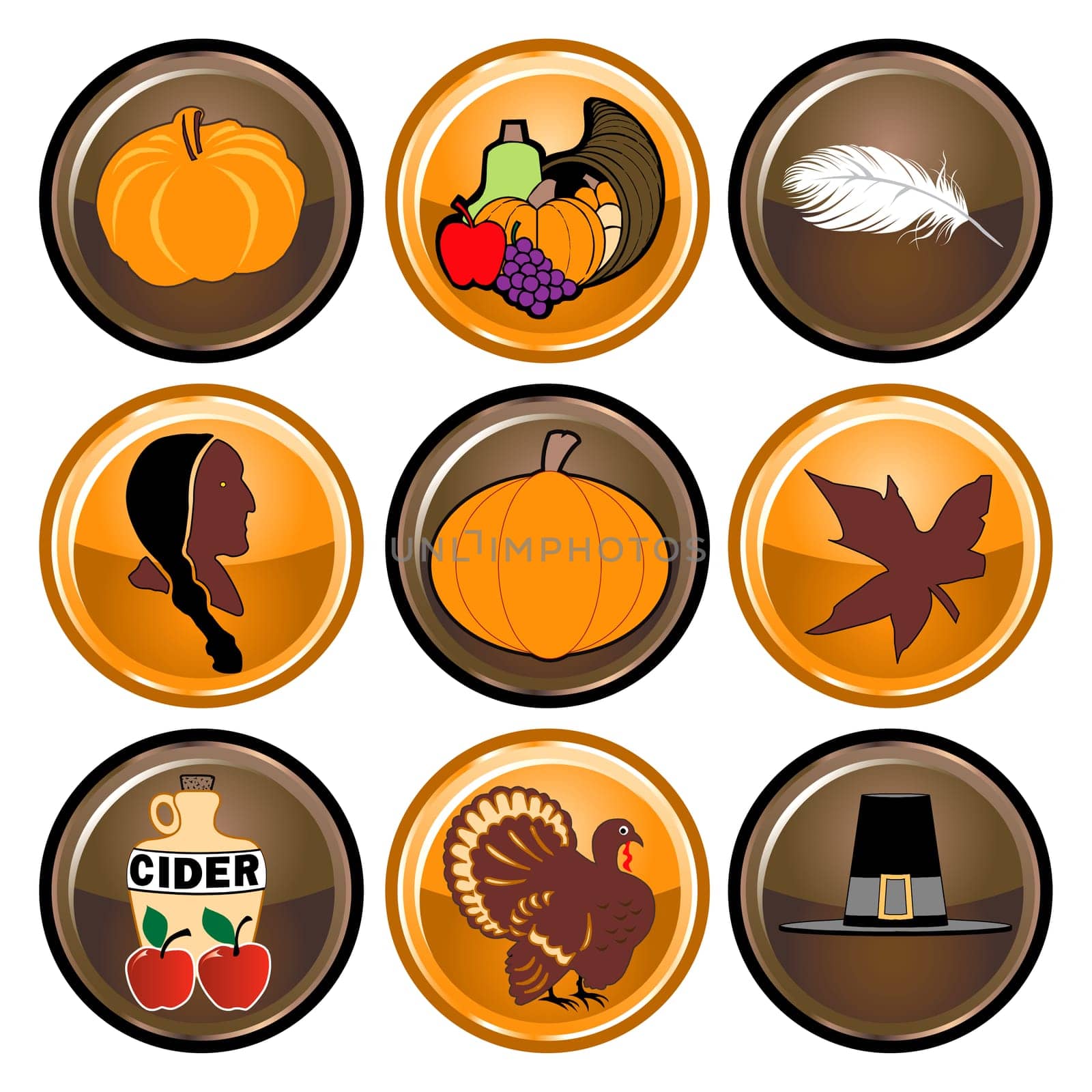 Vector Illustration of nine brown and orange round Thanksgiving button icons.