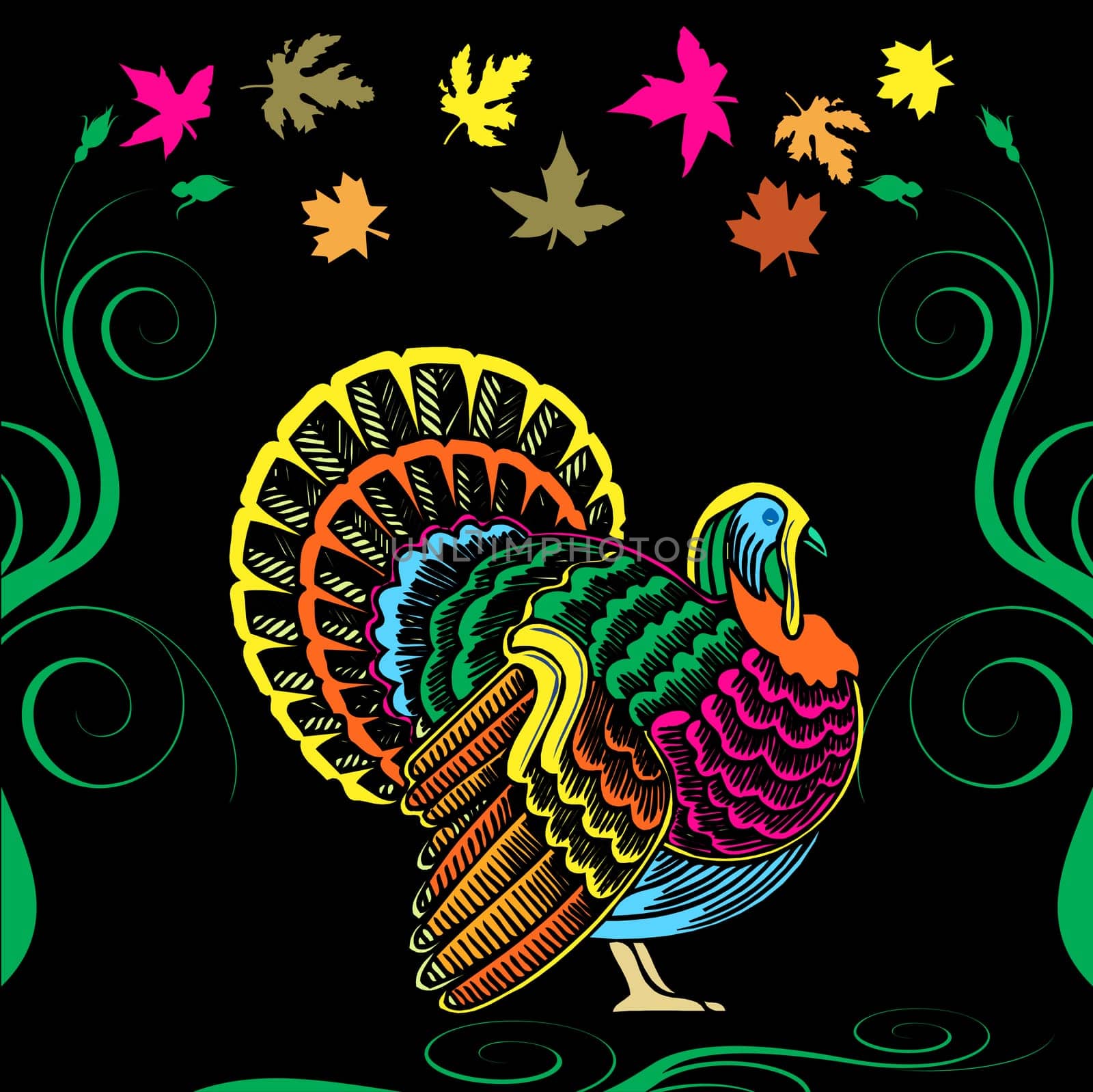 Vector Illustration for Thanksgiving with colorful Turkey and Fall Autumn Leaves.